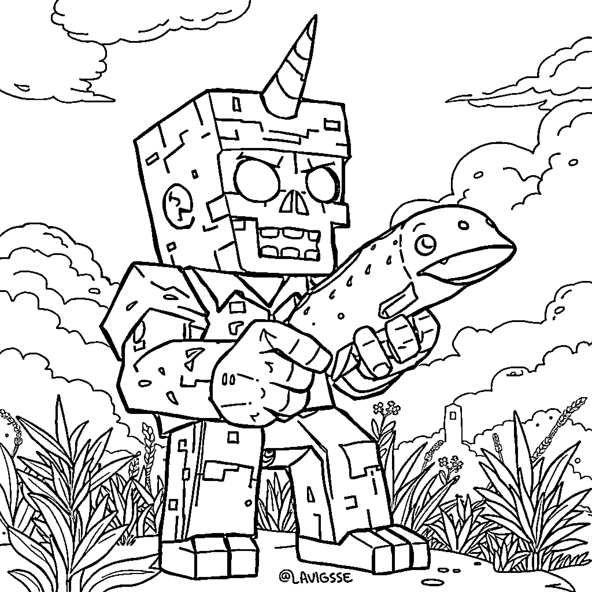 Zombie Minecraft creature in fantasy landscape Coloring Page (free black-and-white line drawing printable PDF for all, from beginners to advanced learners, including children, teens, adults, and seniors)