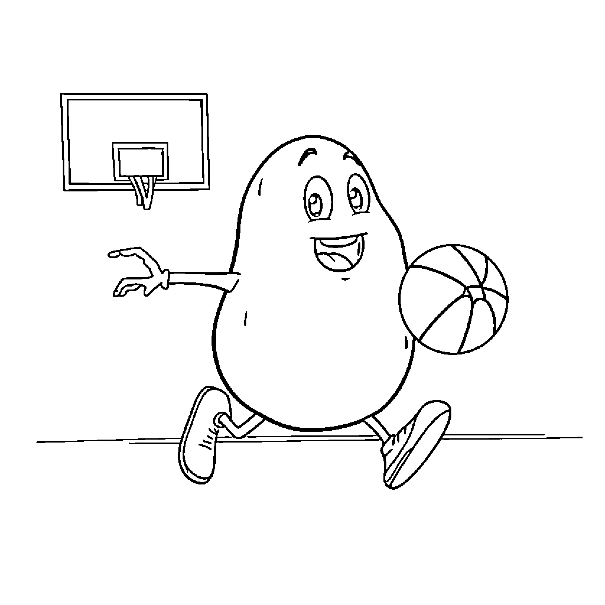 Potato playing basketball happily Coloring Page (free black-and-white line drawing printable PDF for all, from beginners to advanced learners, including children, teens, adults, and seniors)
