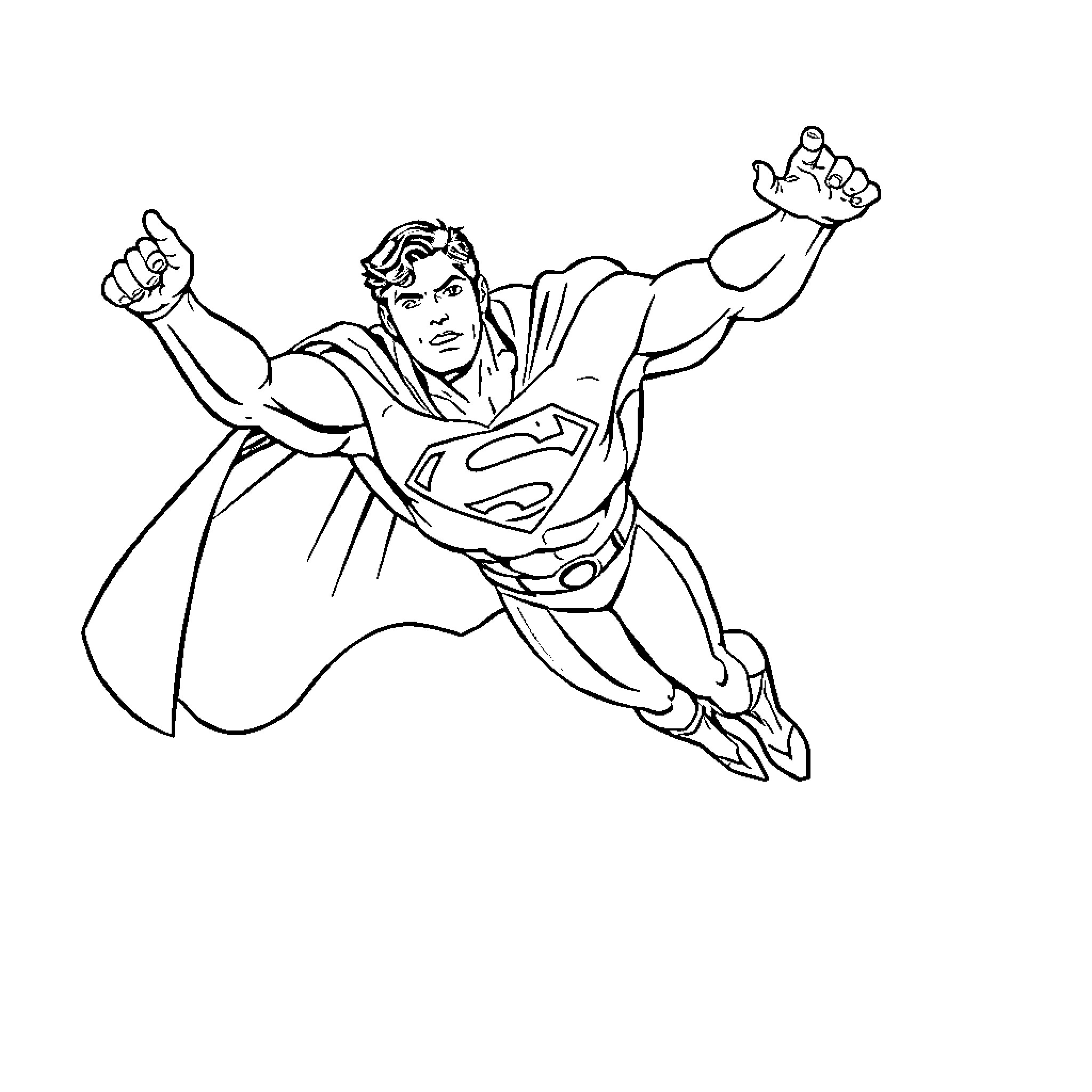 Superman soaring with heroic determination Coloring Page (free black-and-white line drawing printable PDF for all, from beginners to advanced learners, including children, teens, adults, and seniors)