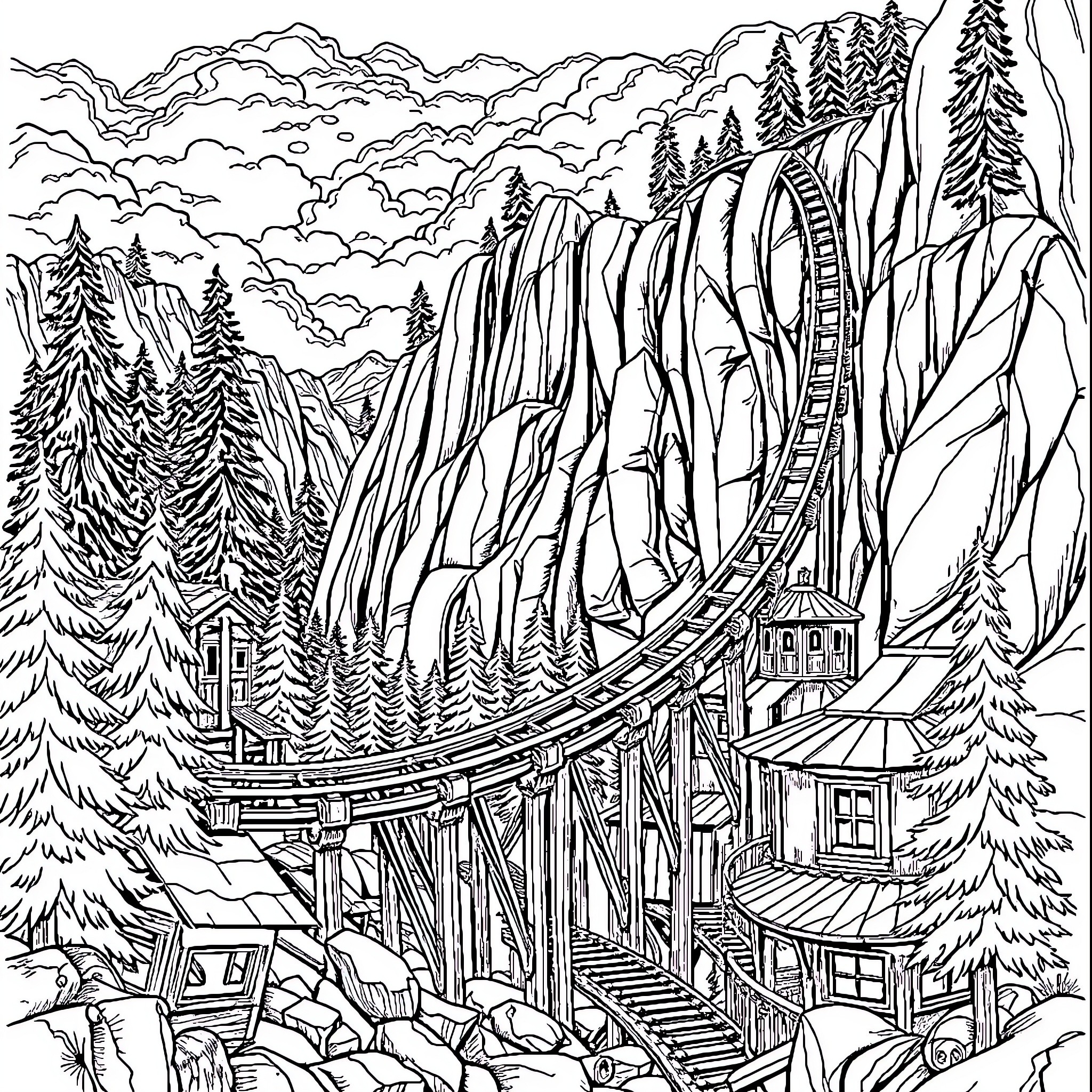Baron 1898: Wintry Mountain Landscape with Suspension Bridge Coloring Page (free black-and-white line drawing printable PDF for all, from beginners to advanced learners, including children, teens, adults, and seniors)