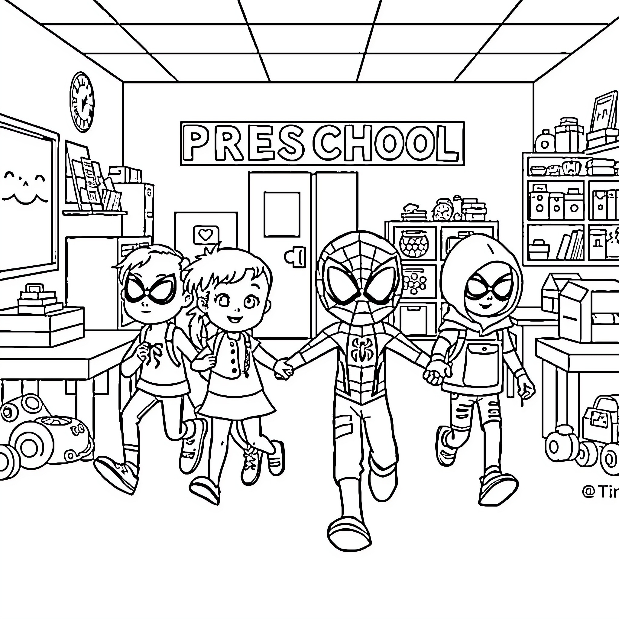 Spidey Kids Explore Fun Preschool Classroom Coloring Page (free black-and-white line drawing printable PDF for all, from beginners to advanced learners, including children, teens, adults, and seniors)