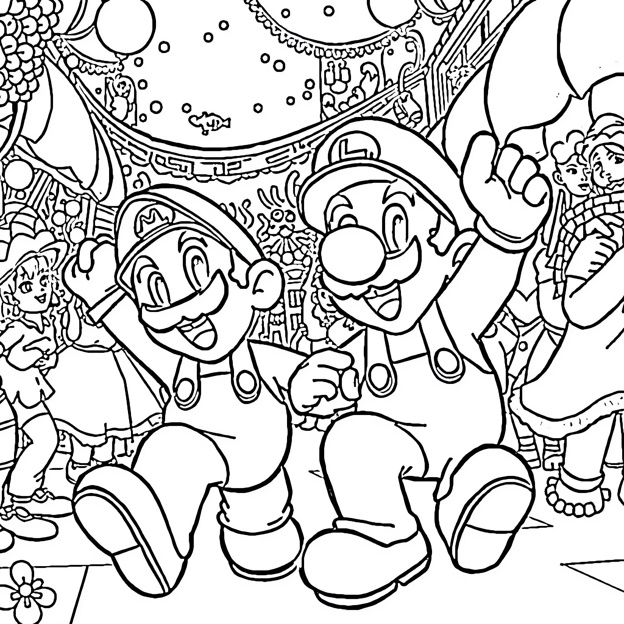 Mario and Friends Enjoying an Underwater Adventure Coloring Page (free black-and-white line drawing printable PDF for all, from beginners to advanced learners, including children, teens, adults, and seniors)