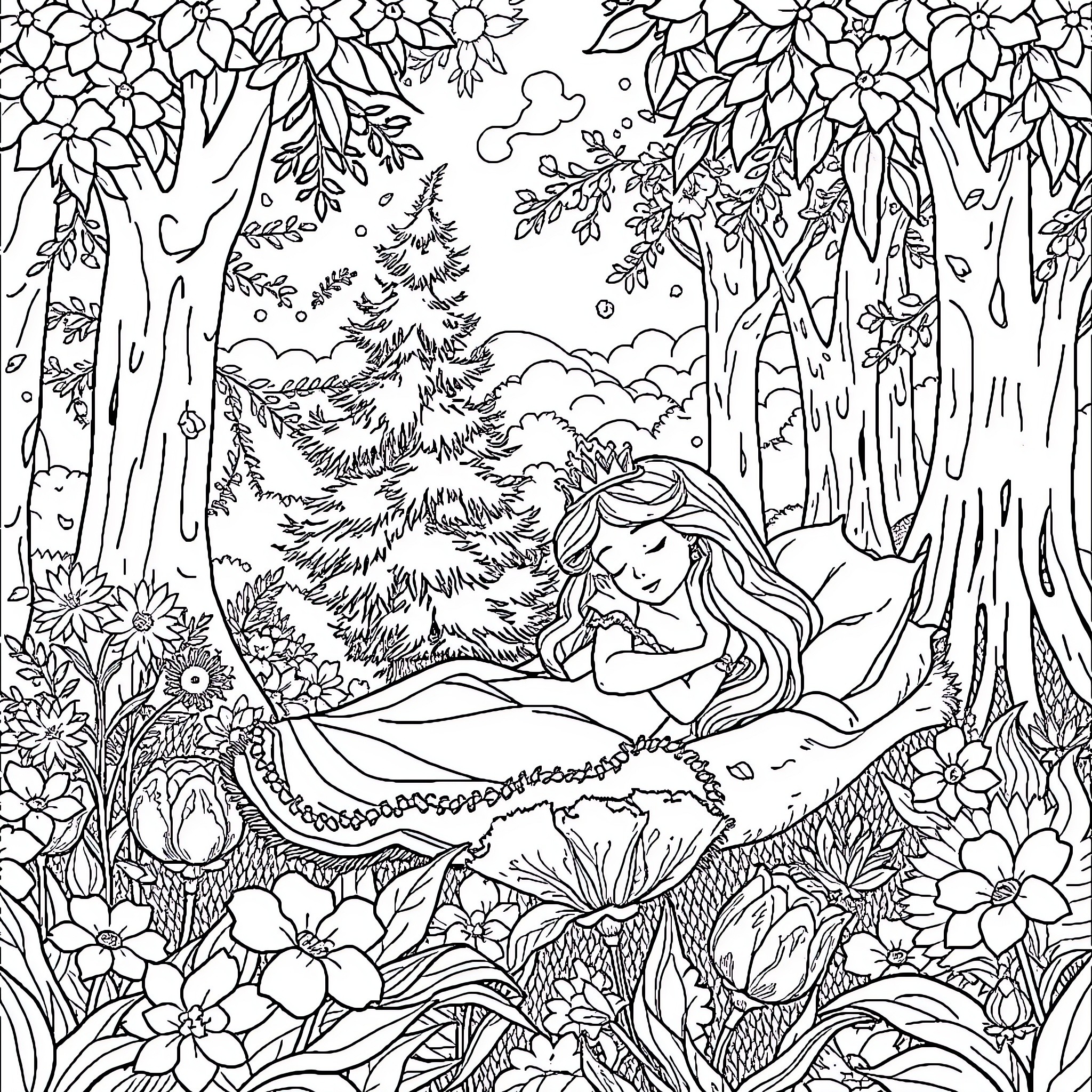 Princess resting peacefully in enchanted forest Coloring Page (free black-and-white line drawing printable PDF for all, from beginners to advanced learners, including children, teens, adults, and seniors)