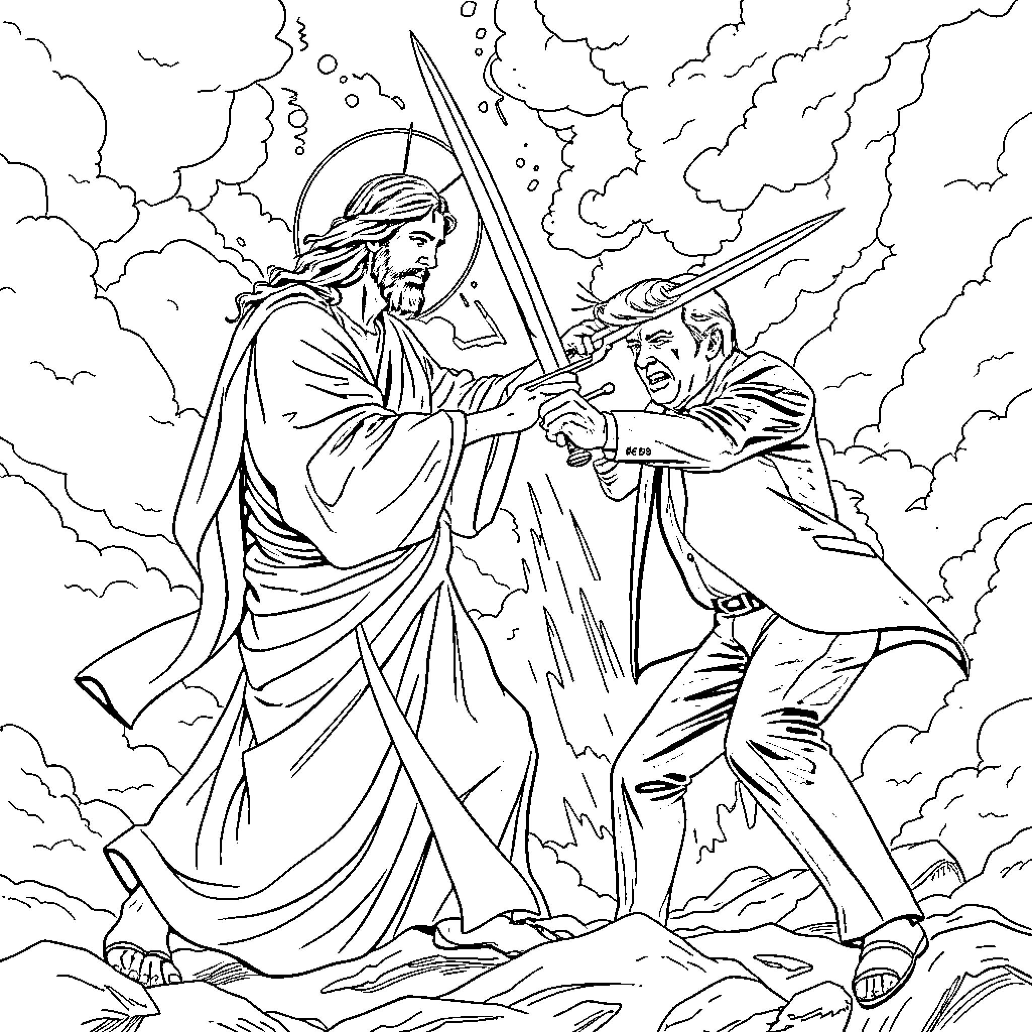 Jesus in Dramatic Confrontation with Foe Coloring Page (free black-and-white line drawing printable PDF for all, from beginners to advanced learners, including children, teens, adults, and seniors)