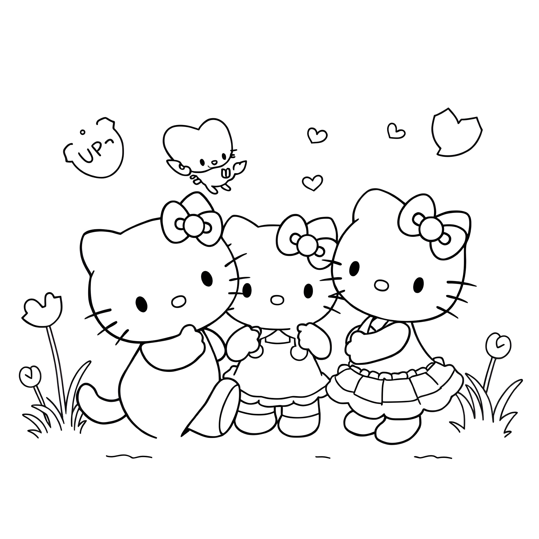 Hello Kitty and friends in a field of flowers Coloring Page (free black-and-white line drawing printable PDF for all, from beginners to advanced learners, including children, teens, adults, and seniors)
