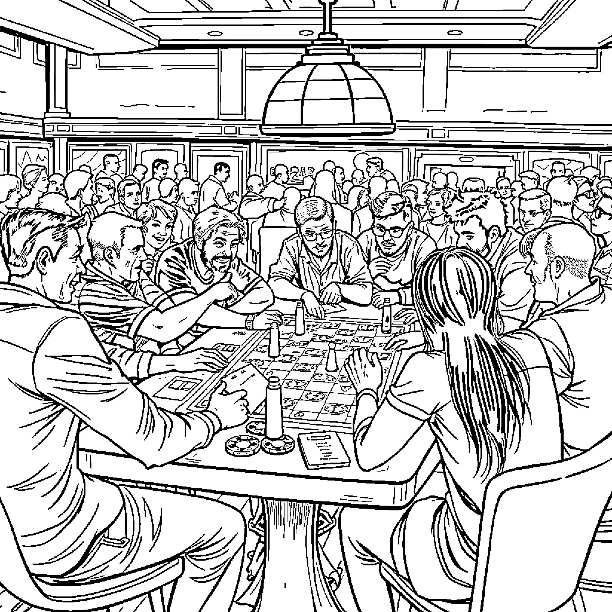 MOB 100 Crowded Diner Scene with People Eating and Conversing Coloring Page (free black-and-white line drawing printable PDF for all, from beginners to advanced learners, including children, teens, adults, and seniors)