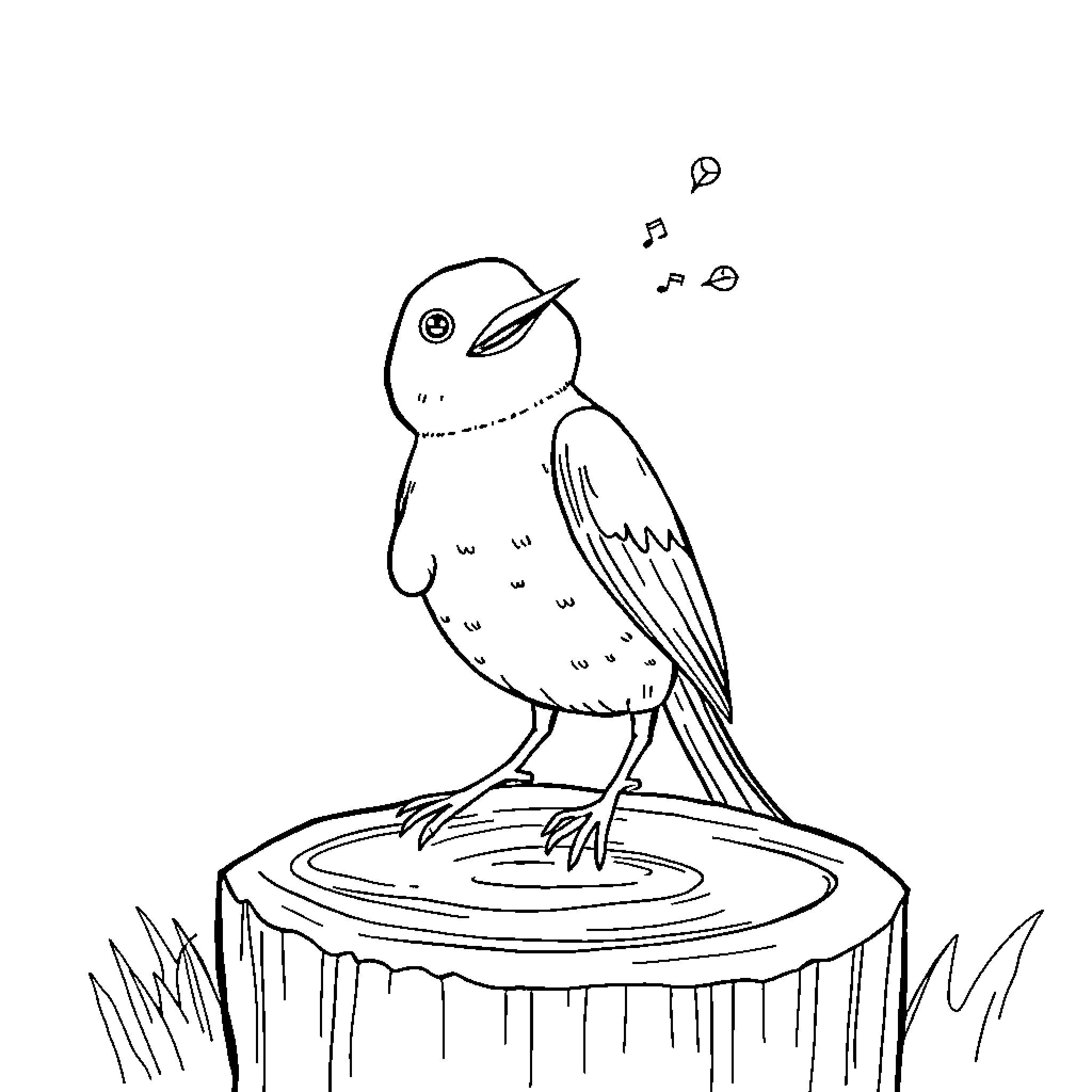 Pumpkin-shaped bird perched on tree stump Coloring Page (free black-and-white line drawing printable PDF for all, from beginners to advanced learners, including children, teens, adults, and seniors)