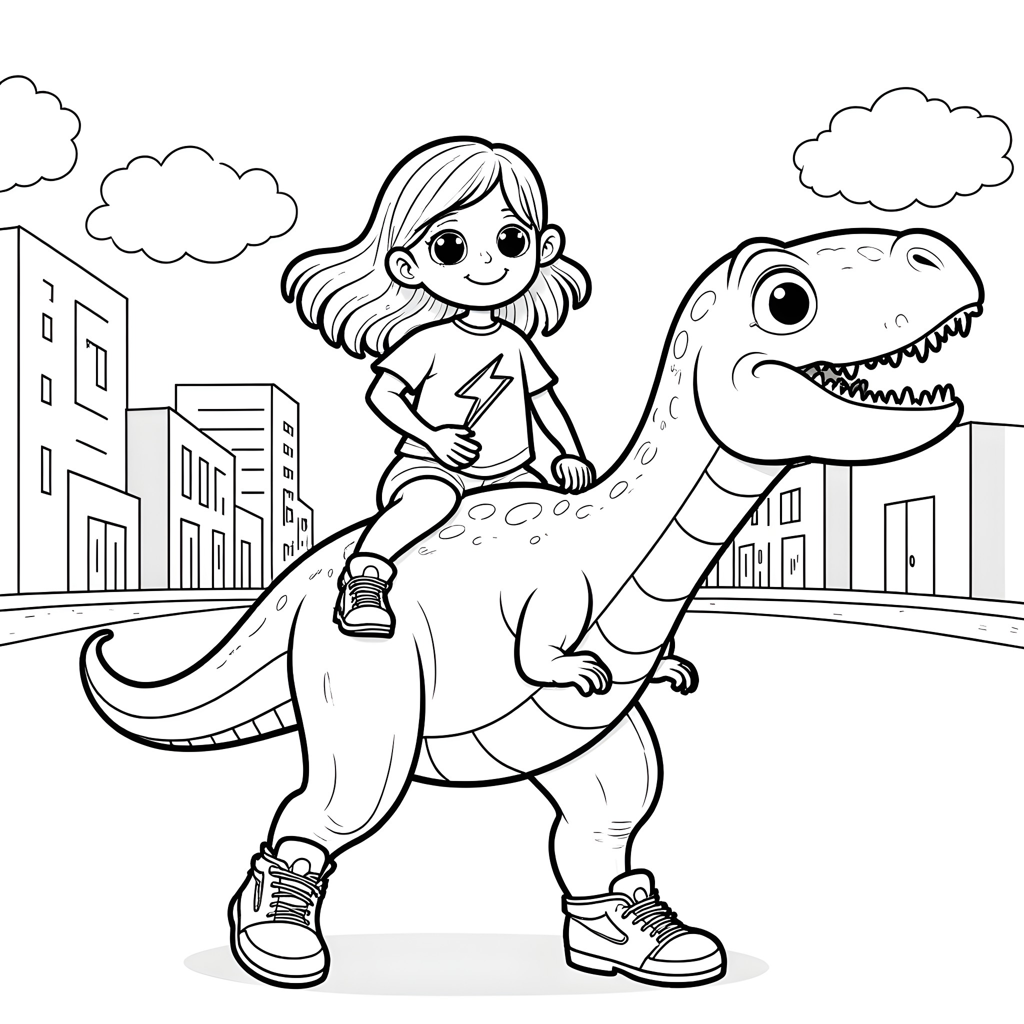 Girl playing with a dinosaur in the city Coloring Page (free black-and-white line drawing printable PDF for all, from beginners to advanced learners, including children, teens, adults, and seniors)