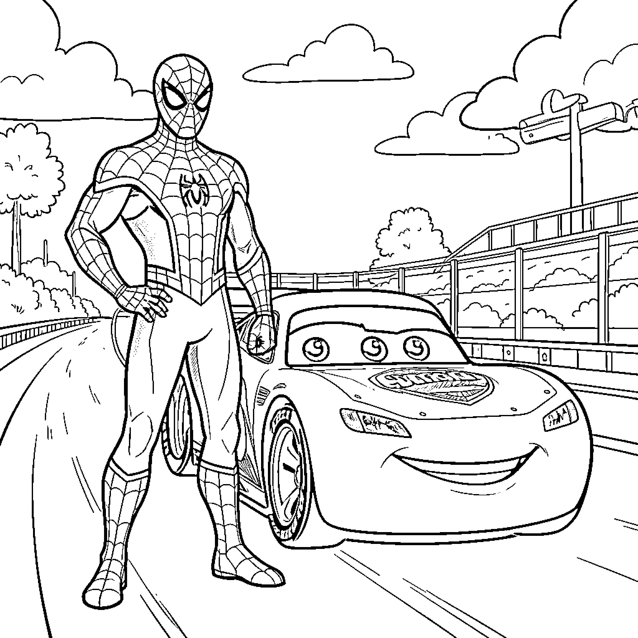 Spiderman posing confidently next to a smiling race car Coloring Page (free black-and-white line drawing printable PDF for all, from beginners to advanced learners, including children, teens, adults, and seniors)
