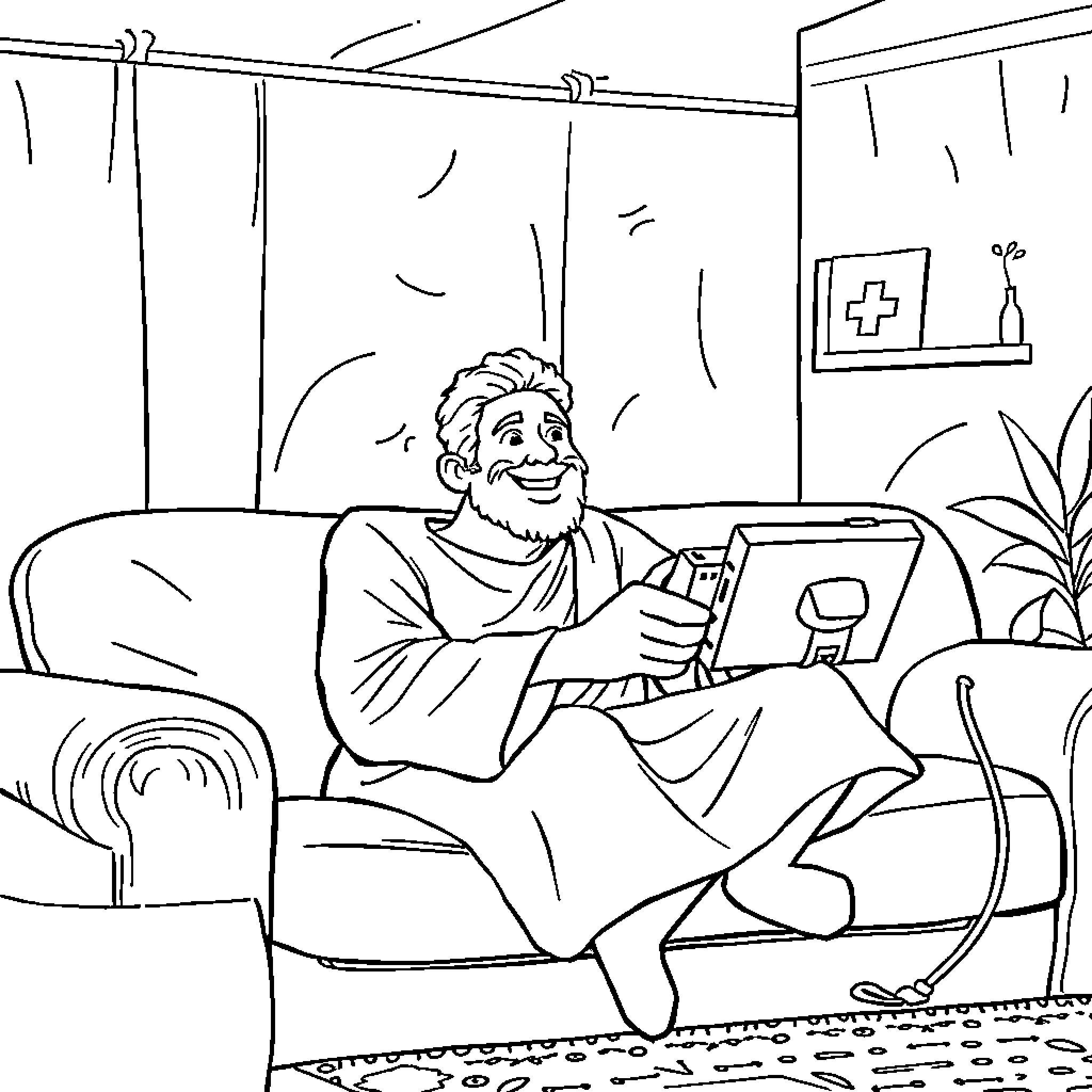 Jesus relaxing and reading on couch Coloring Page (free black-and-white line drawing printable PDF for all, from beginners to advanced learners, including children, teens, adults, and seniors)