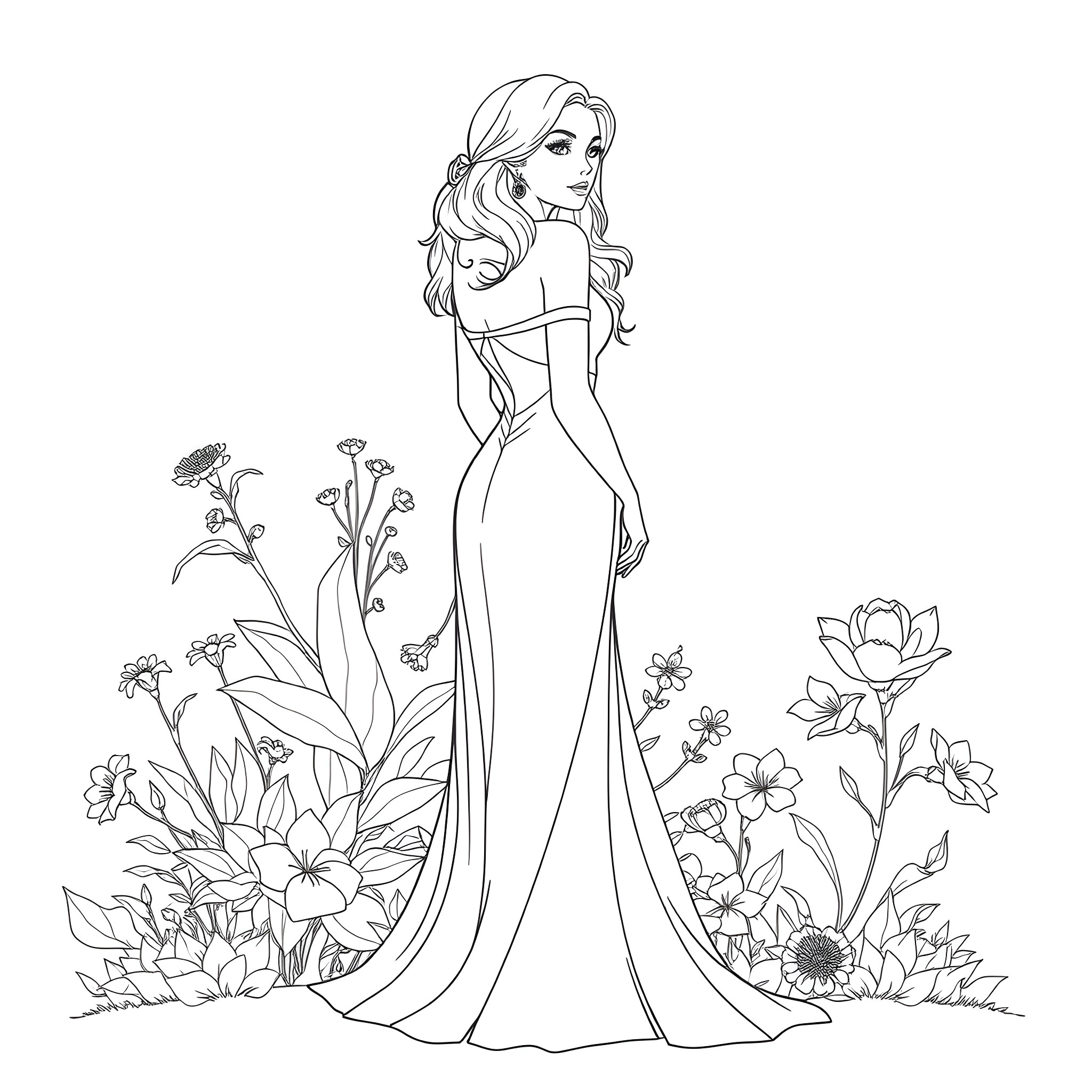 Scarlett in a Flowery Garden Coloring Page (free black-and-white line drawing printable PDF for all, from beginners to advanced learners, including children, teens, adults, and seniors)