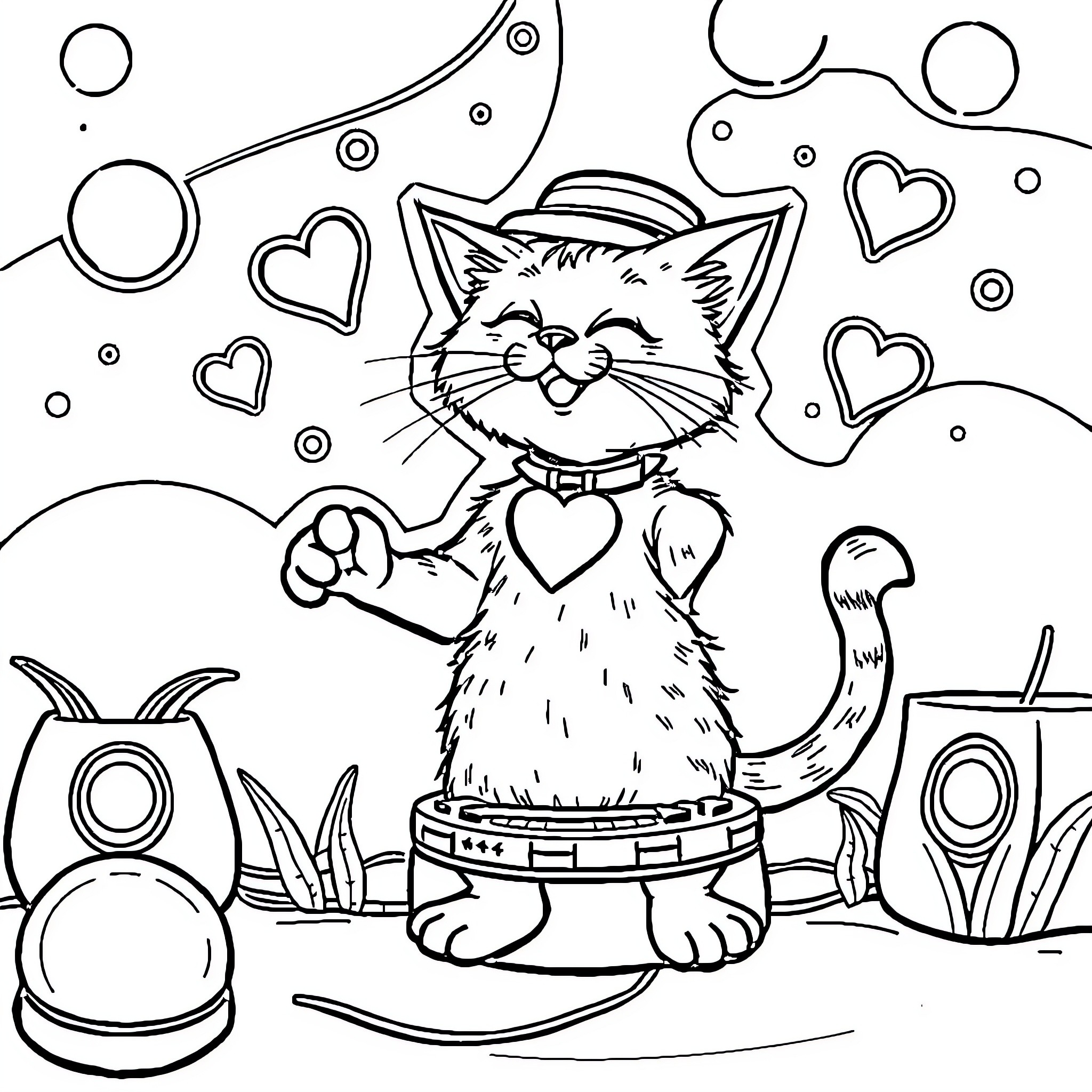 Cat Happily Playing in Heartfelt Surroundings Coloring Page (free black-and-white line drawing printable PDF for all, from beginners to advanced learners, including children, teens, adults, and seniors)