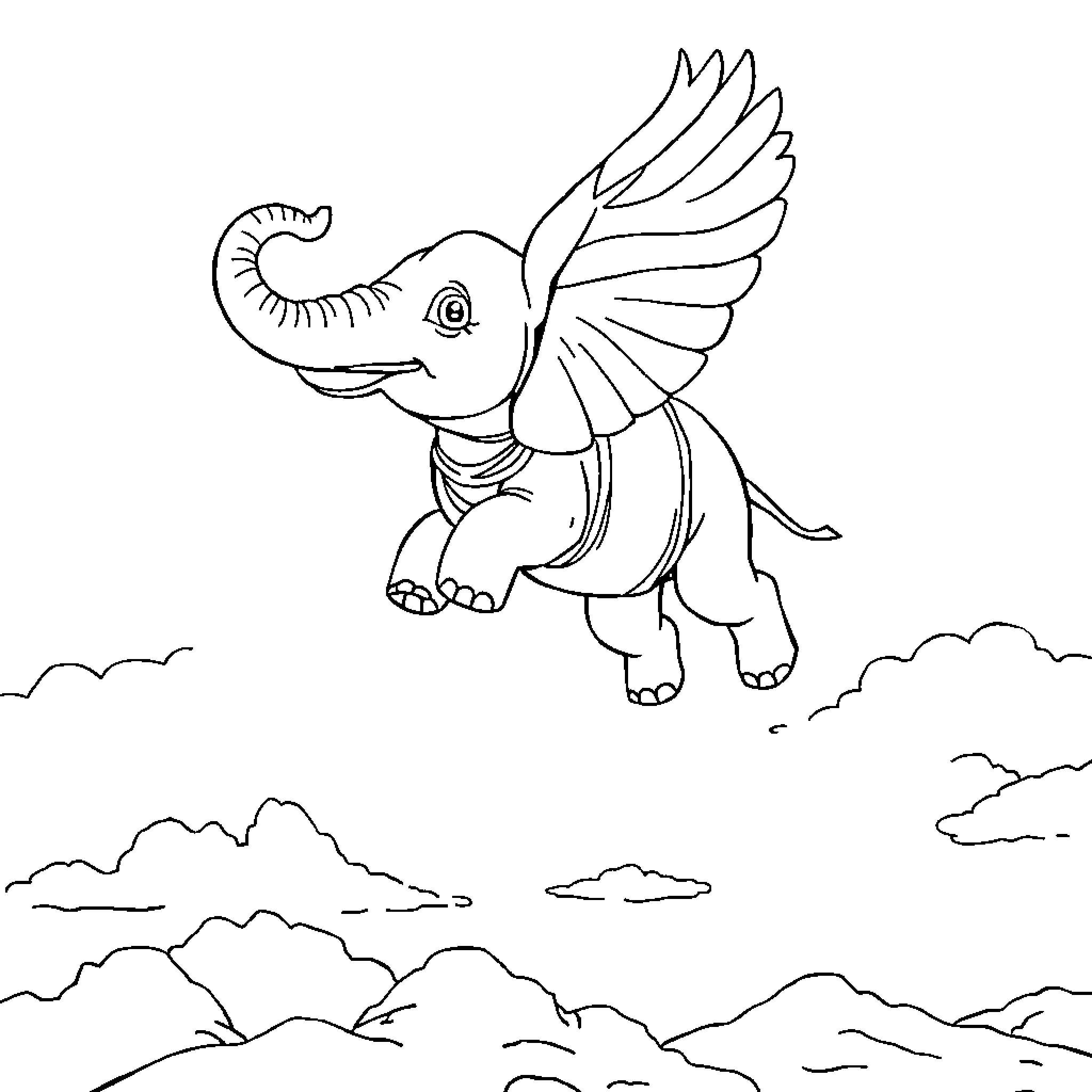 Elephant flying over mountains Coloring Page (free black-and-white line drawing printable PDF for all, from beginners to advanced learners, including children, teens, adults, and seniors)