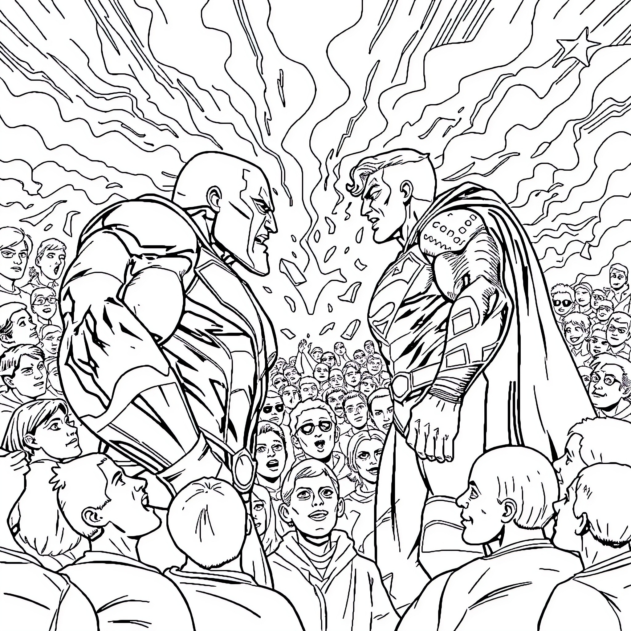 All Might: Heroes in Fierce Battle Amidst Crowd Coloring Page (free black-and-white line drawing printable PDF for all, from beginners to advanced learners, including children, teens, adults, and seniors)