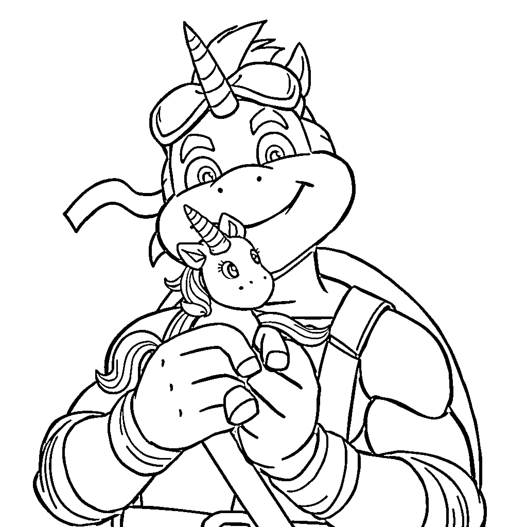 Mikey's Unicorn Playtime Coloring Page (free black-and-white line drawing printable PDF for all, from beginners to advanced learners, including children, teens, adults, and seniors)