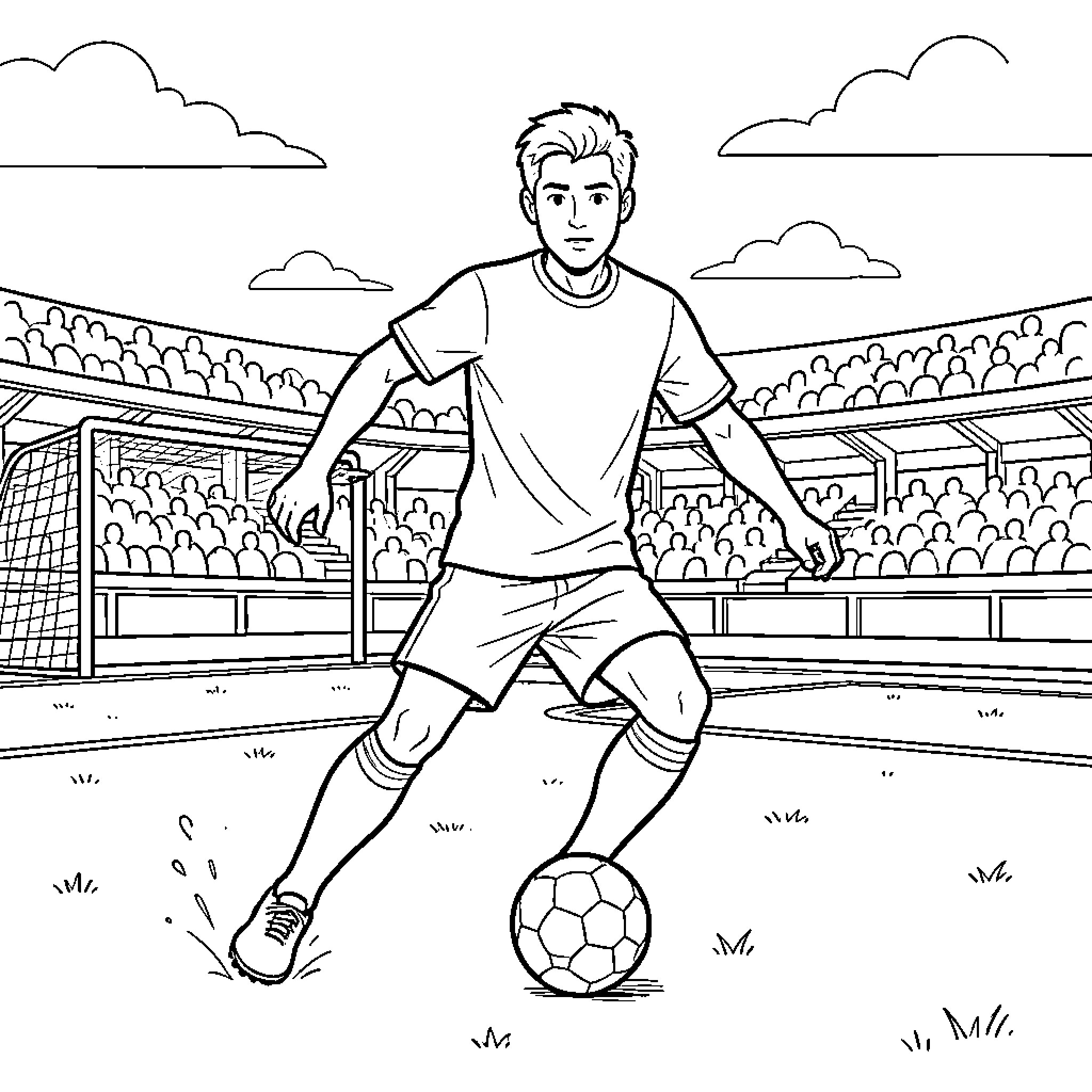 Football Player dribbling a ball in a stadium Coloring Page (free black-and-white line drawing printable PDF for all, from beginners to advanced learners, including children, teens, adults, and seniors)