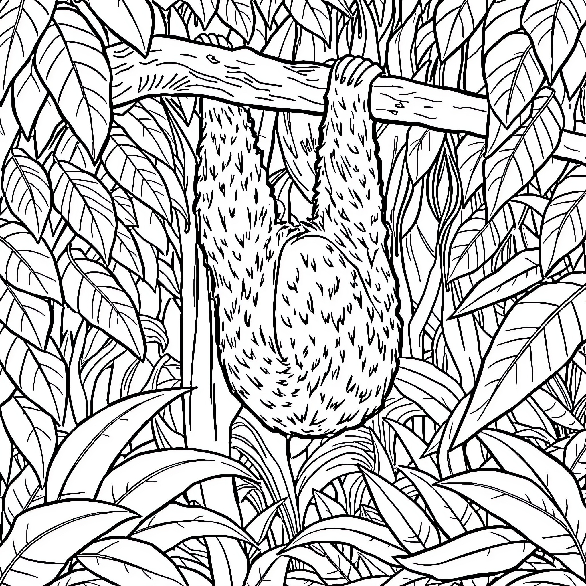 Sloth relaxing peacefully in the foliage Coloring Page (free black-and-white line drawing printable PDF for all, from beginners to advanced learners, including children, teens, adults, and seniors)