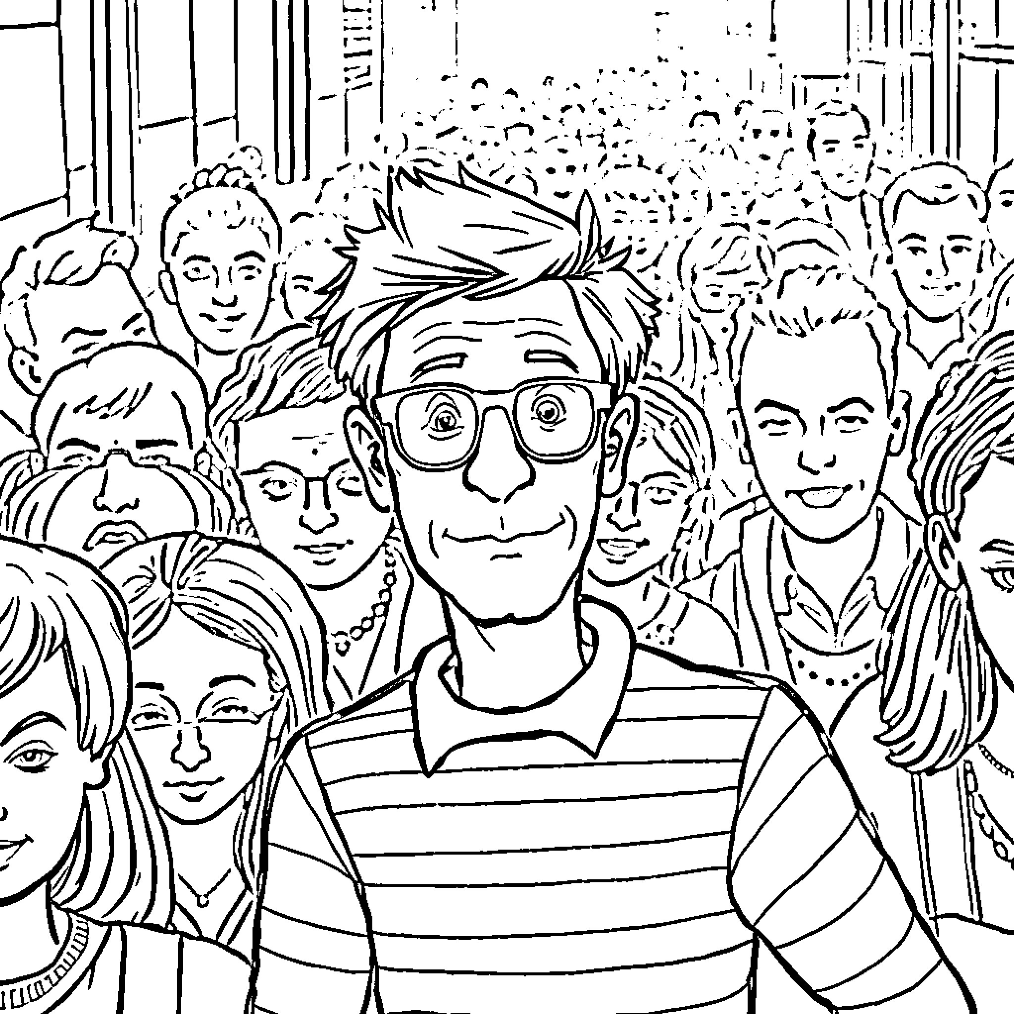 Waldo Surrounded by Colorful Crowd Coloring Page (free black-and-white line drawing printable PDF for all, from beginners to advanced learners, including children, teens, adults, and seniors)