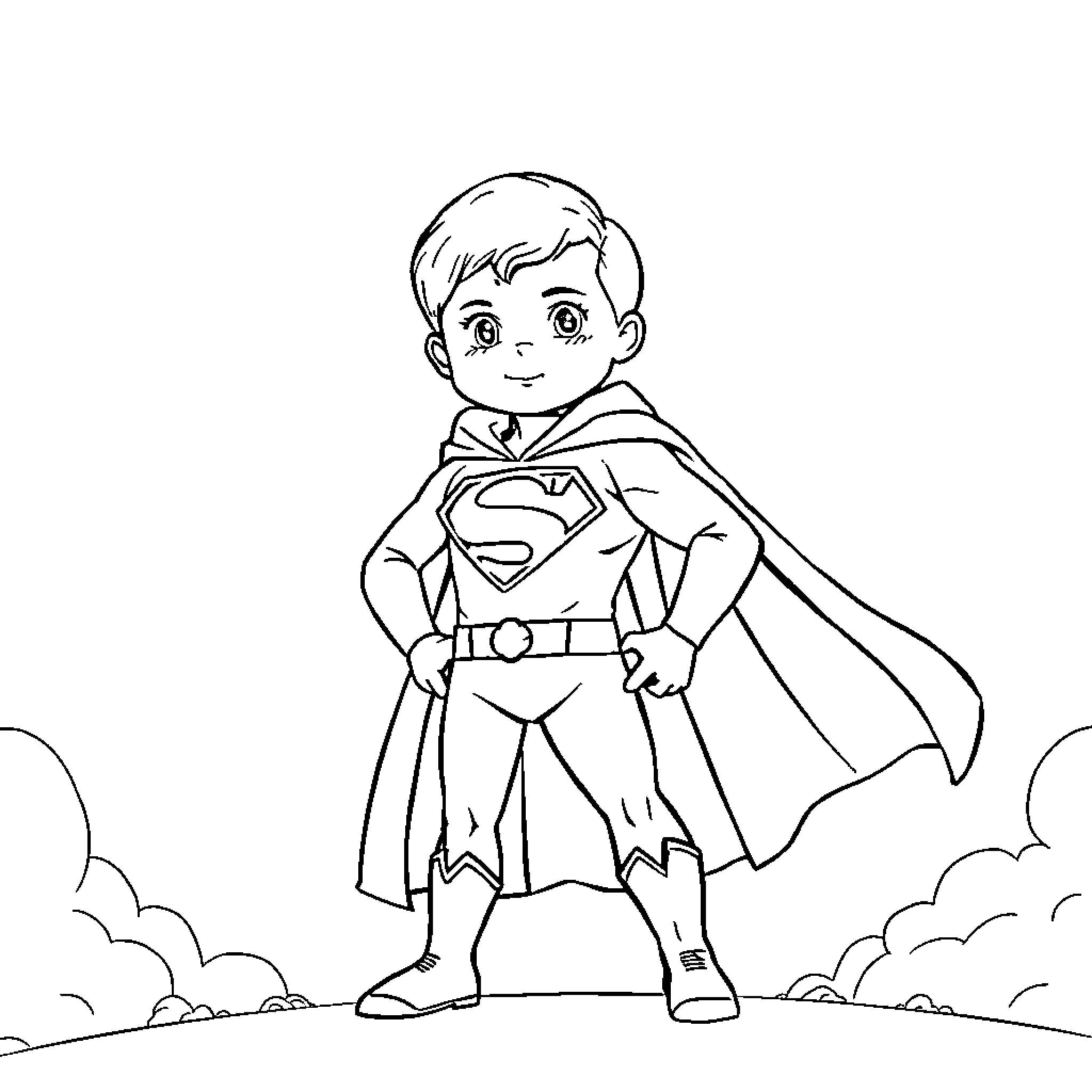 Superman in heroic pose with cape Coloring Page (free black-and-white line drawing printable PDF for all, from beginners to advanced learners, including children, teens, adults, and seniors)