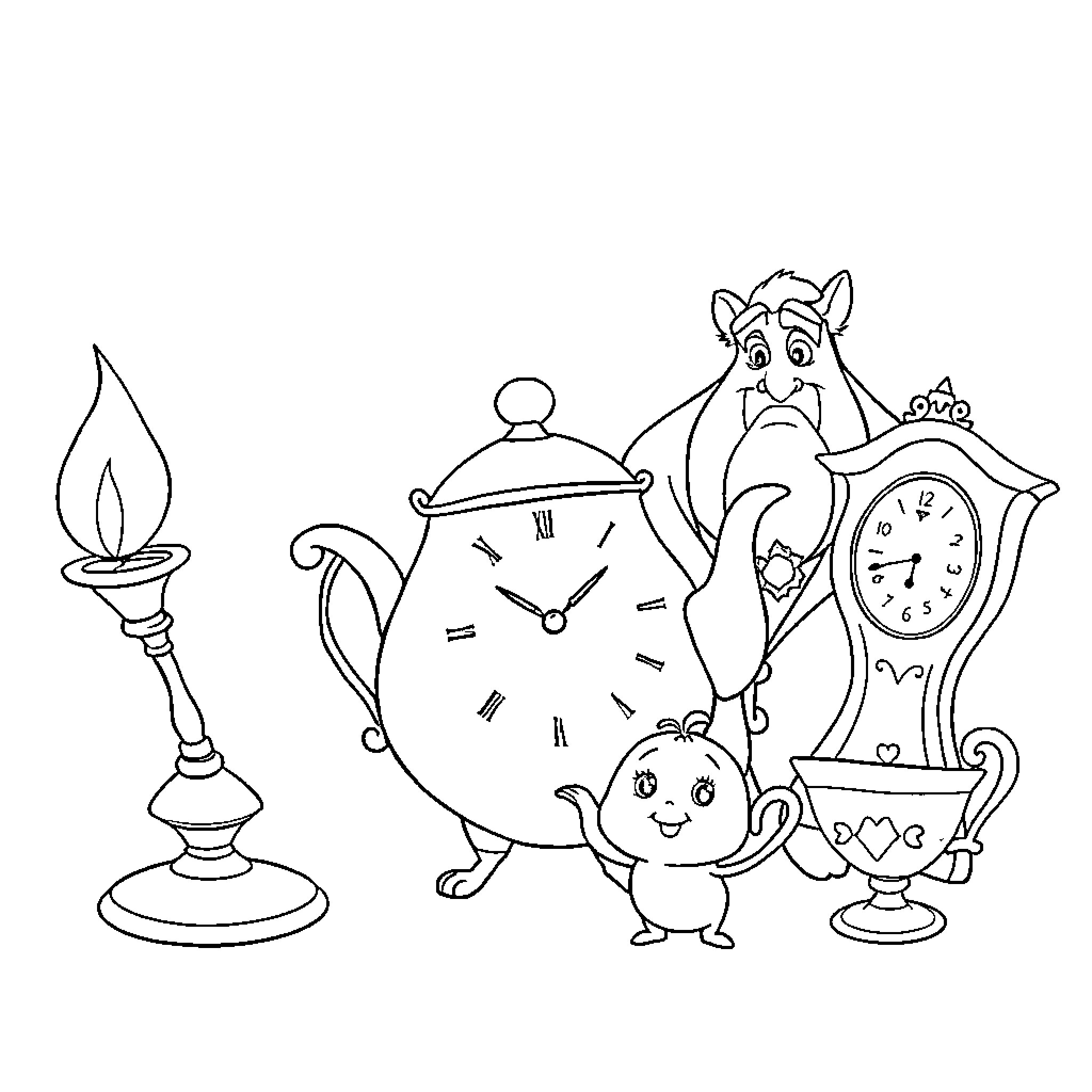 Beauty And The Beast Exploring Antique Treasures Coloring Page (free black-and-white line drawing printable PDF for all, from beginners to advanced learners, including children, teens, adults, and seniors)