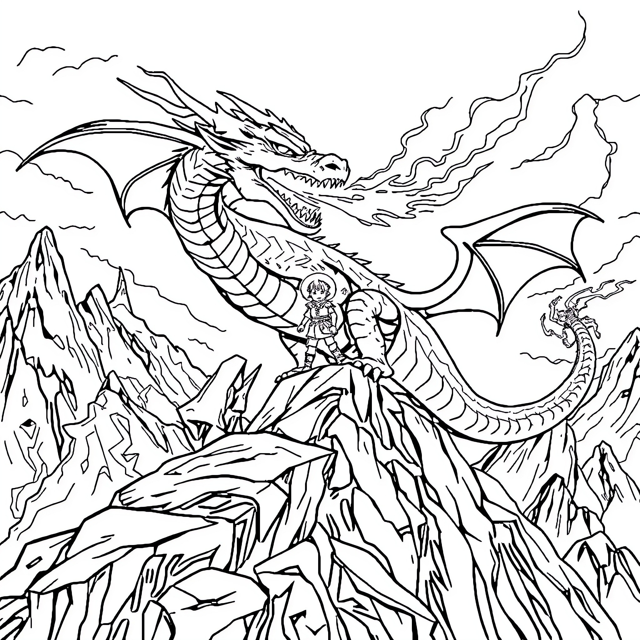 Kid confronts fierce dragon in epic mountain scene Coloring Page (free black-and-white line drawing printable PDF for all, from beginners to advanced learners, including children, teens, adults, and seniors)