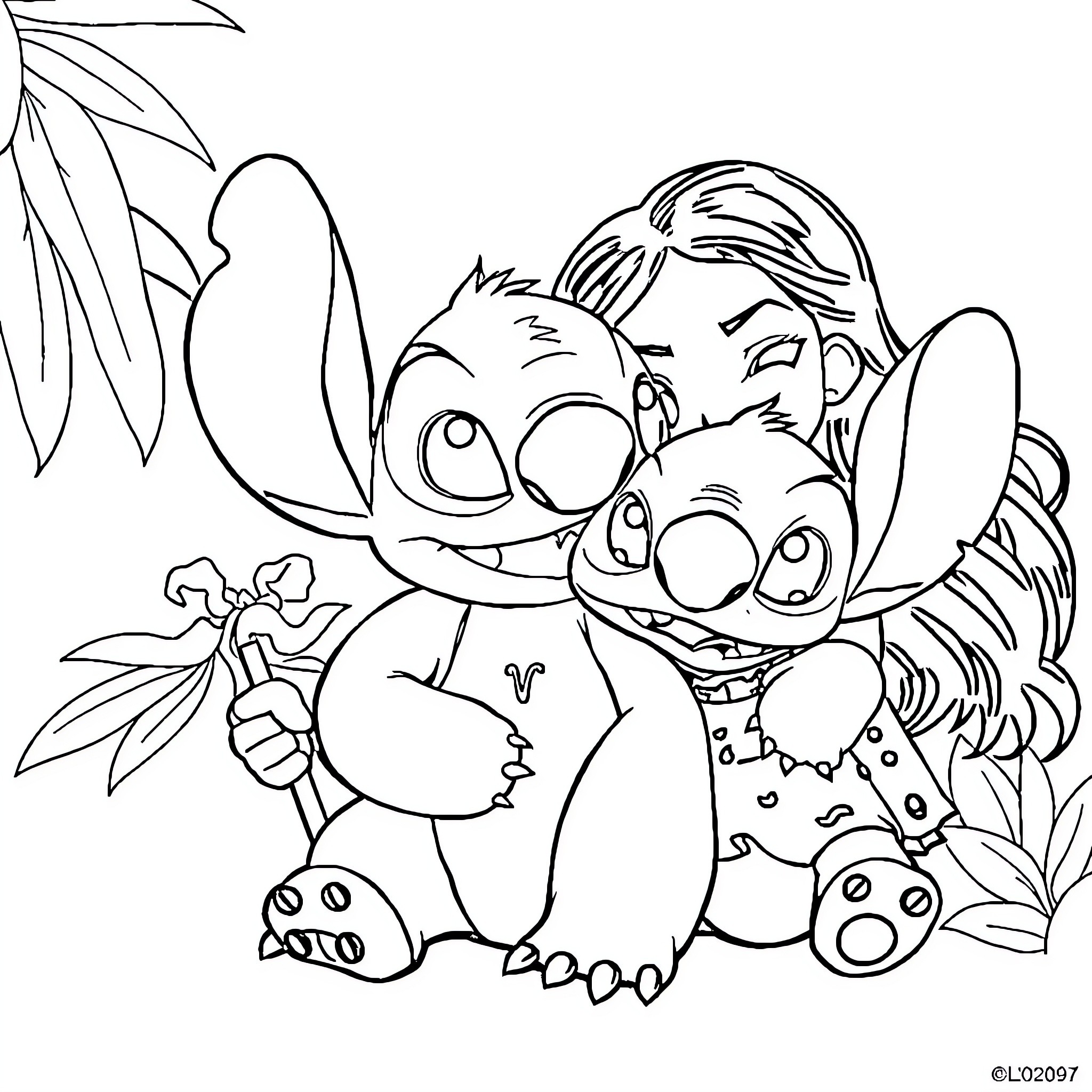 Lilo and Stitch playing together in the jungle Coloring Page (free black-and-white line drawing printable PDF for all, from beginners to advanced learners, including children, teens, adults, and seniors)