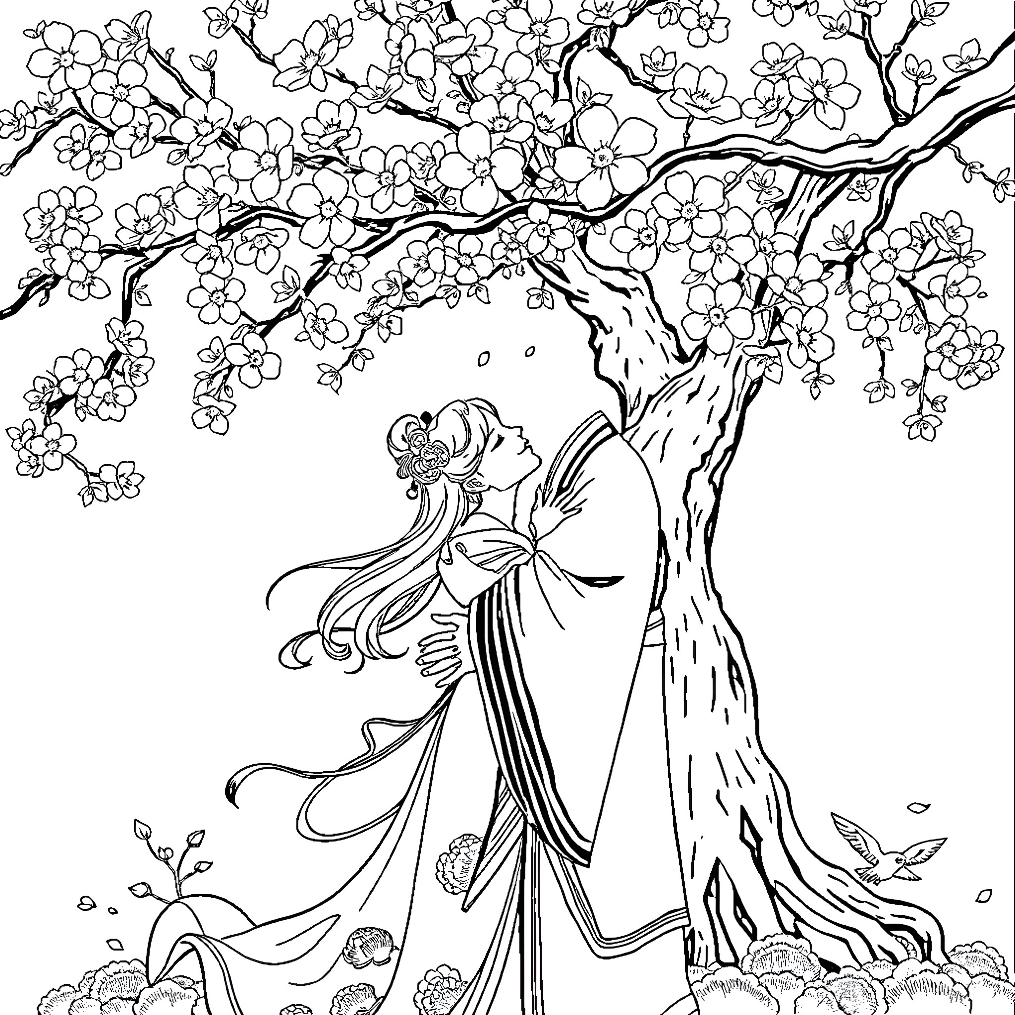 Keqing amid the blooming floral splendor Coloring Page (free black-and-white line drawing printable PDF for all, from beginners to advanced learners, including children, teens, adults, and seniors)
