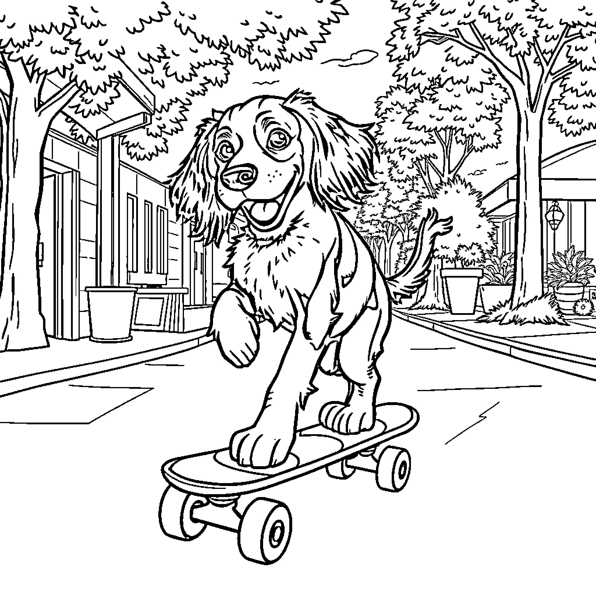Brittany Spaniel on a Skateboard in the Park Coloring Page (free black-and-white line drawing printable PDF for all, from beginners to advanced learners, including children, teens, adults, and seniors)