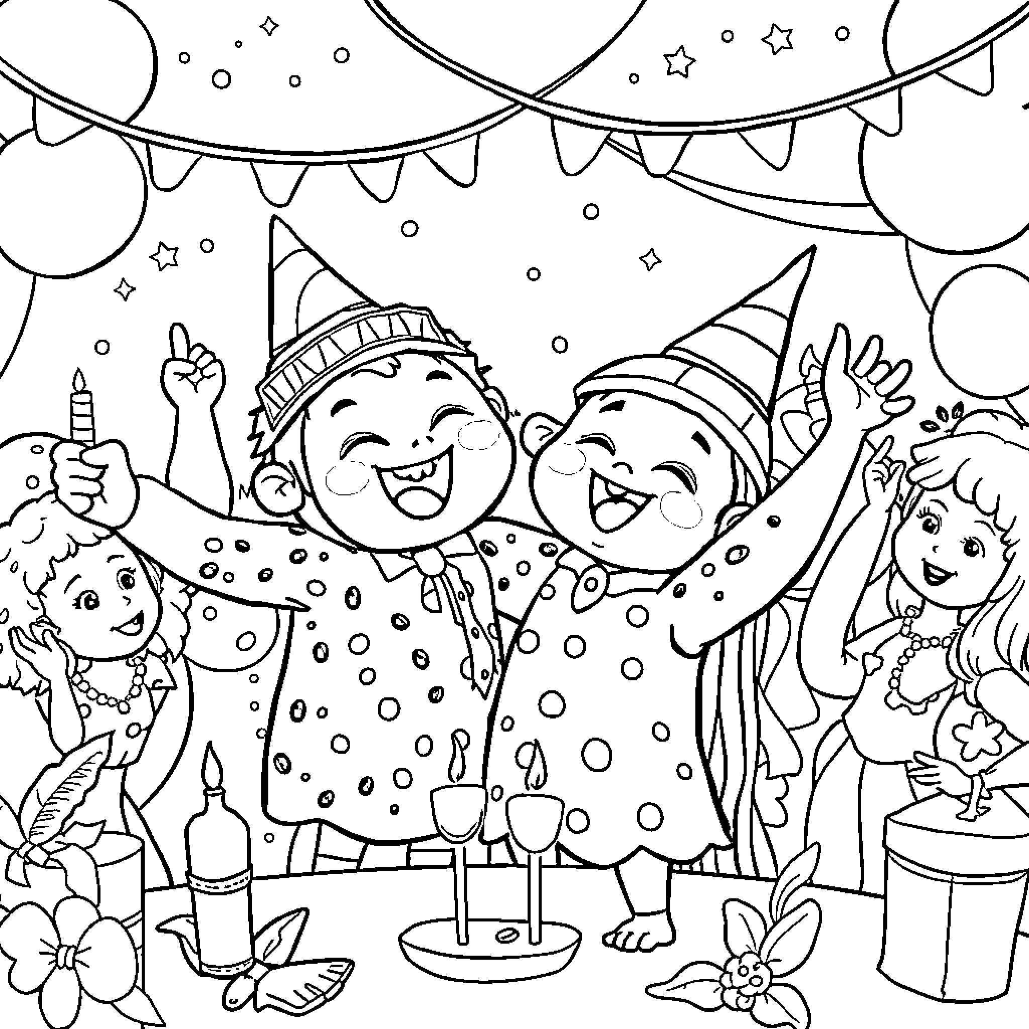 Labubu's Joyous Party with Friends Coloring Page (free black-and-white line drawing printable PDF for all, from beginners to advanced learners, including children, teens, adults, and seniors)