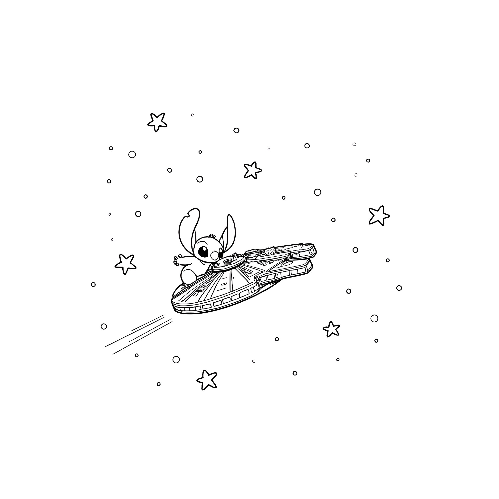 Lilo riding a UFO through the starry night Coloring Page (free black-and-white line drawing printable PDF for all, from beginners to advanced learners, including children, teens, adults, and seniors)