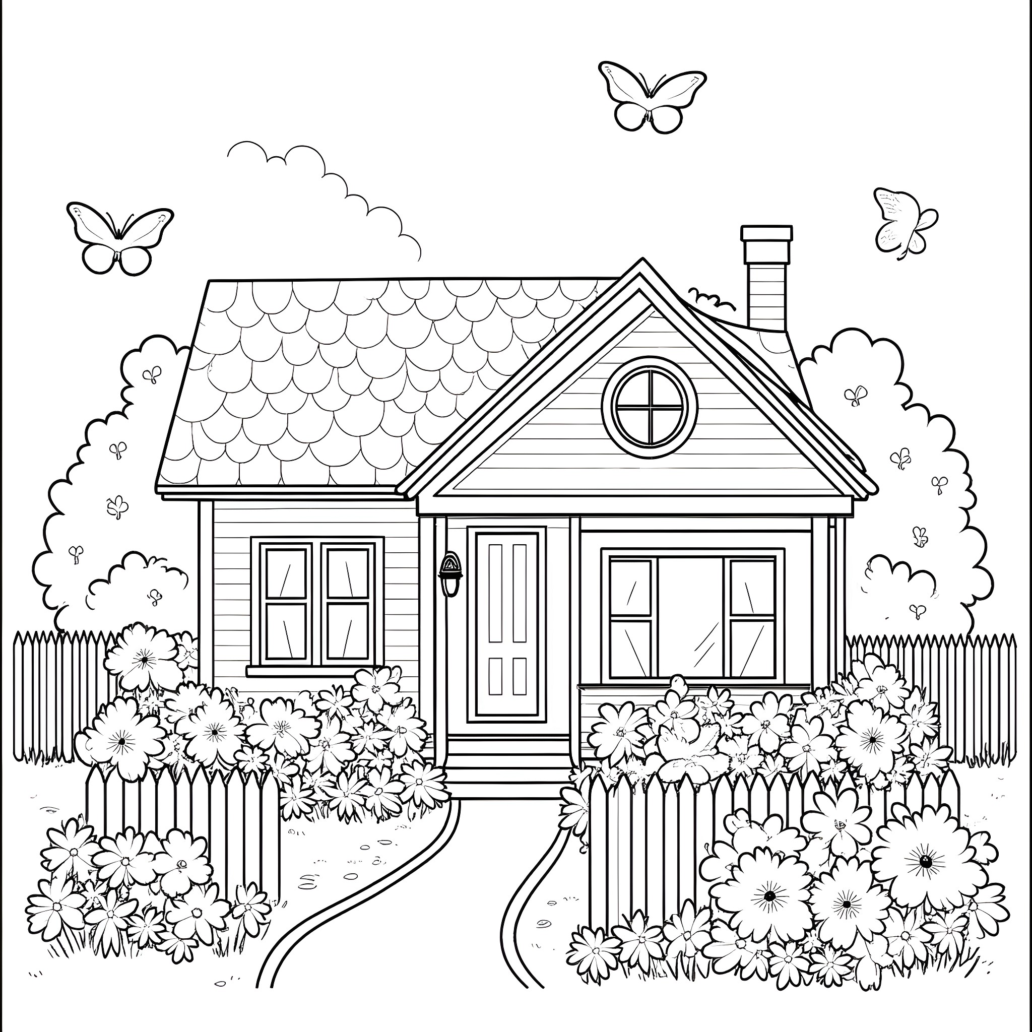 House with Flowers and Butterflies Coloring Page (free black-and-white line drawing printable PDF for all, from beginners to advanced learners, including children, teens, adults, and seniors)