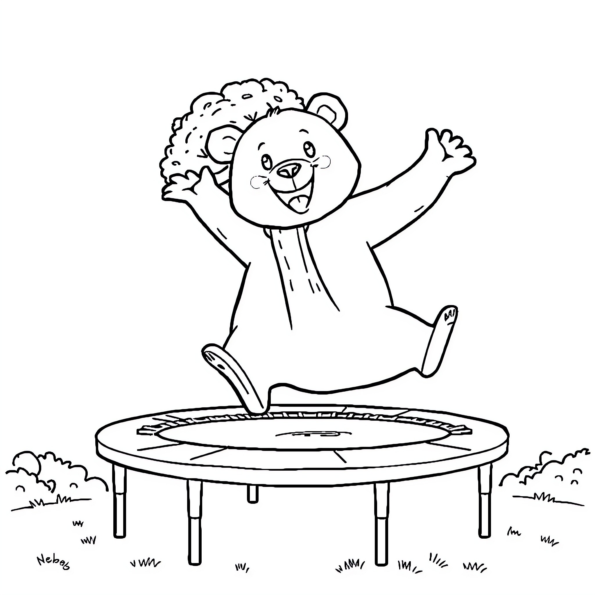 Bear jumping happily on trampoline Coloring Page (free black-and-white line drawing printable PDF for all, from beginners to advanced learners, including children, teens, adults, and seniors)