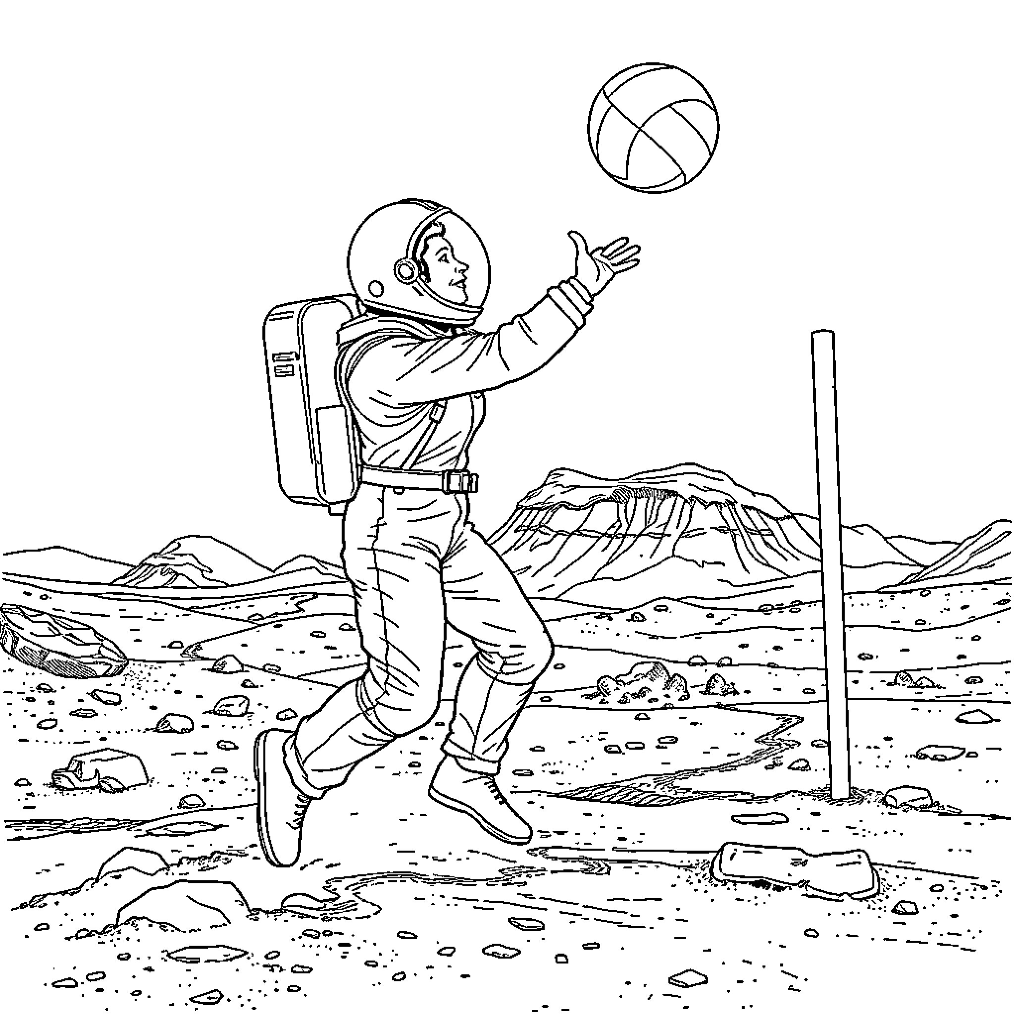 Nurse playing volleyball on the moon Coloring Page (free black-and-white line drawing printable PDF for all, from beginners to advanced learners, including children, teens, adults, and seniors)