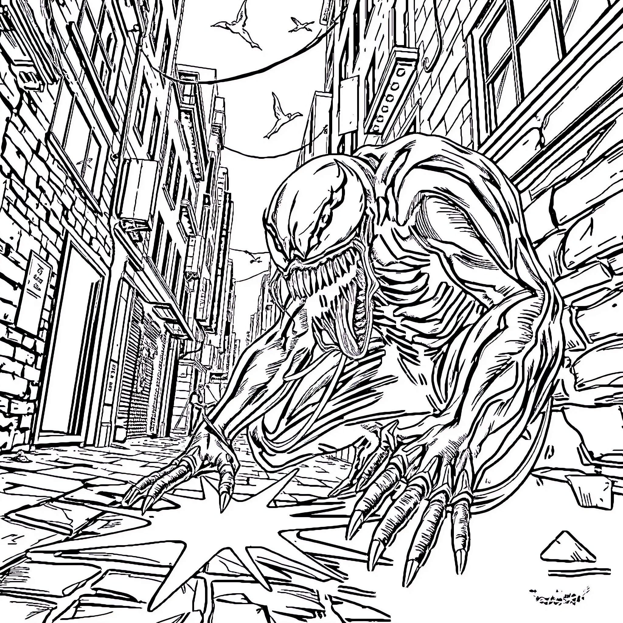 Venom Unleashed: A Sinister Symbiote's Rampage Coloring Page (free black-and-white line drawing printable PDF for all, from beginners to advanced learners, including children, teens, adults, and seniors)