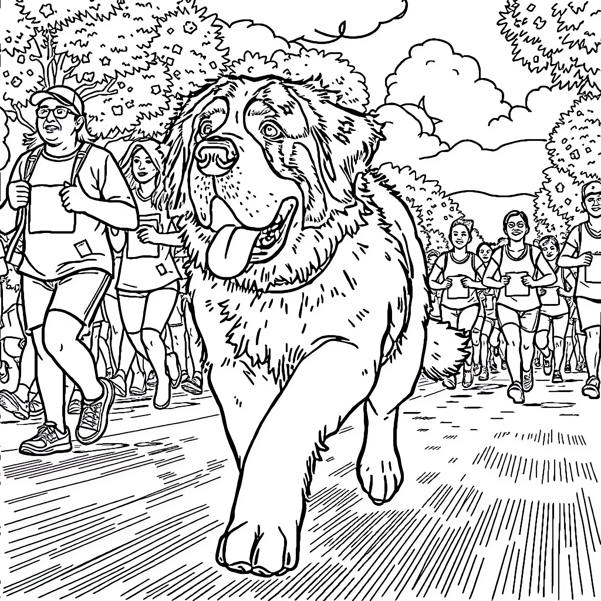St. Bernard Guiding Hikers on Mountain Trail Coloring Page (free black-and-white line drawing printable PDF for all, from beginners to advanced learners, including children, teens, adults, and seniors)