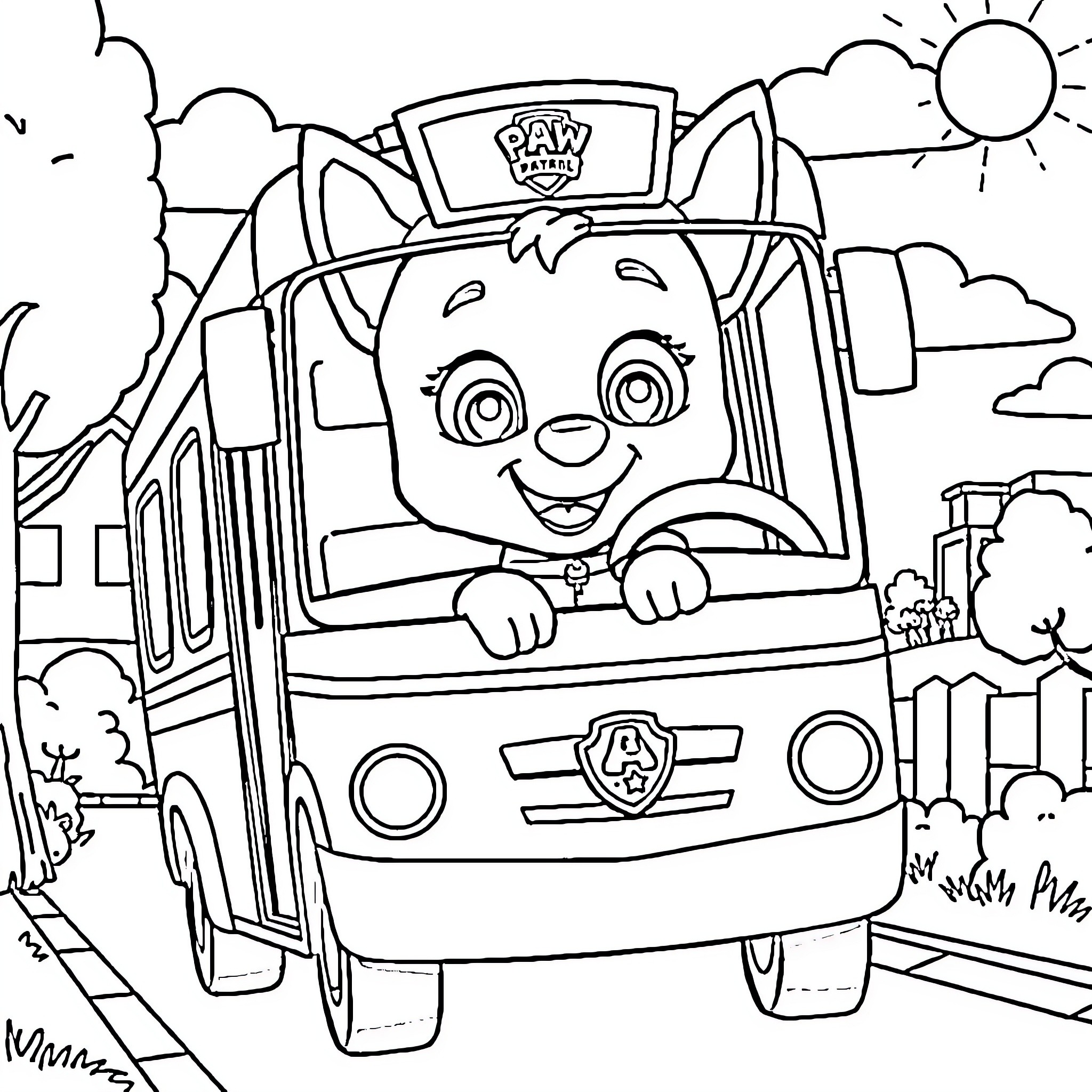Skye's Paw Patrol adventure in the bus Coloring Page (free black-and-white line drawing printable PDF for all, from beginners to advanced learners, including children, teens, adults, and seniors)