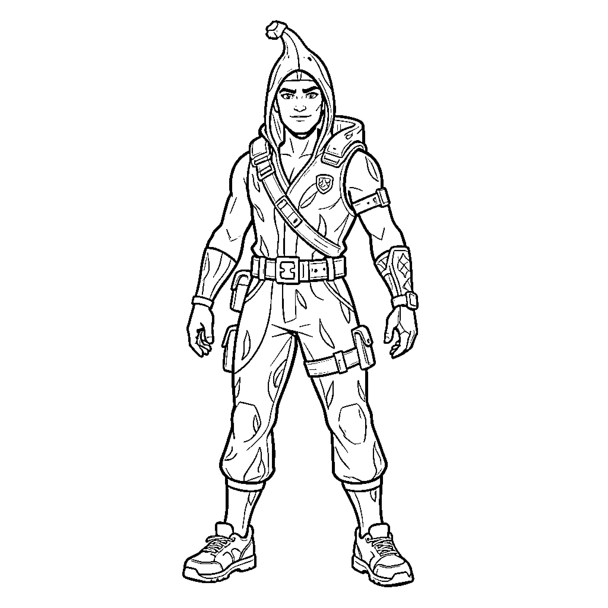 Banana character wearing tactical adventure gear and hood Coloring Page (free black-and-white line drawing printable PDF for all, from beginners to advanced learners, including children, teens, adults, and seniors)
