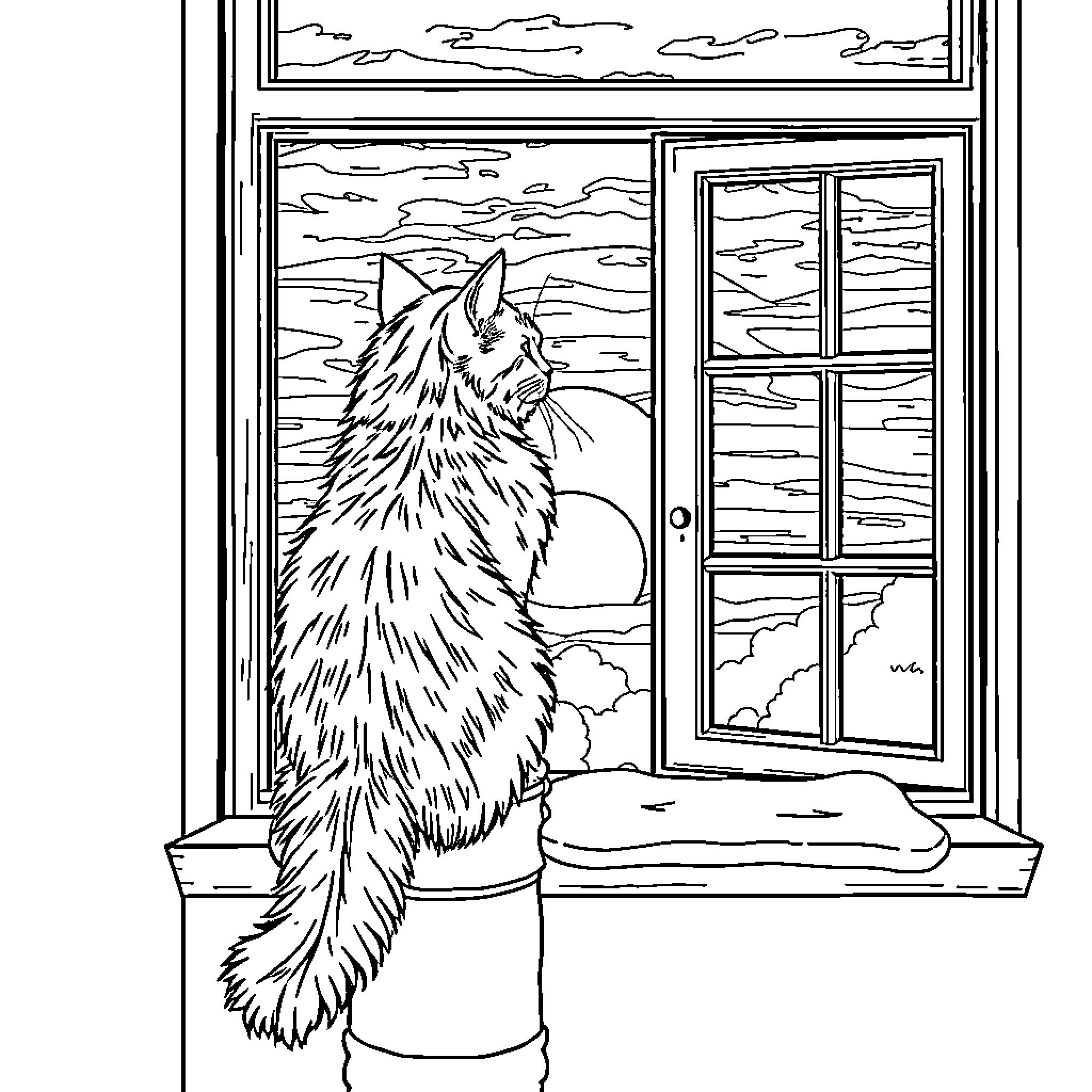 Cat gazing through the window Coloring Page (free black-and-white line drawing printable PDF for all, from beginners to advanced learners, including children, teens, adults, and seniors)