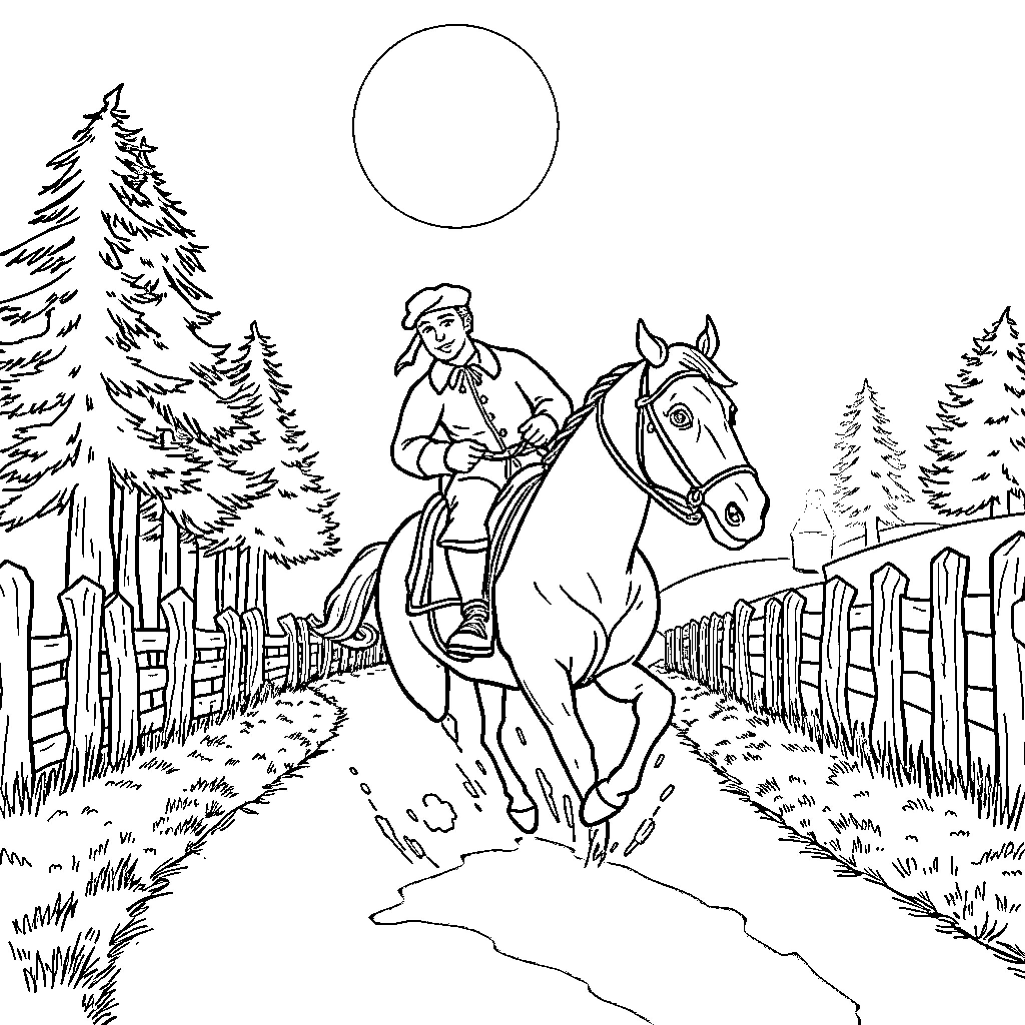 Horse rider galloping through snowy forest landscape Coloring Page (free black-and-white line drawing printable PDF for all, from beginners to advanced learners, including children, teens, adults, and seniors)