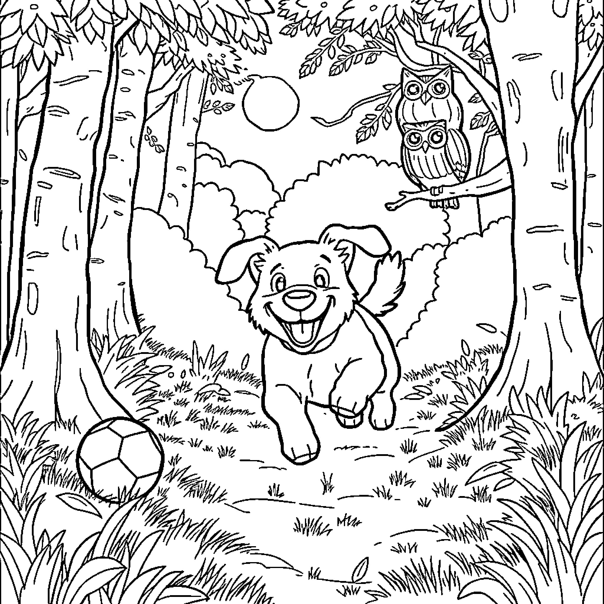 Dog and Owl in Forest Landscape Coloring Page (free black-and-white line drawing printable PDF for all, from beginners to advanced learners, including children, teens, adults, and seniors)