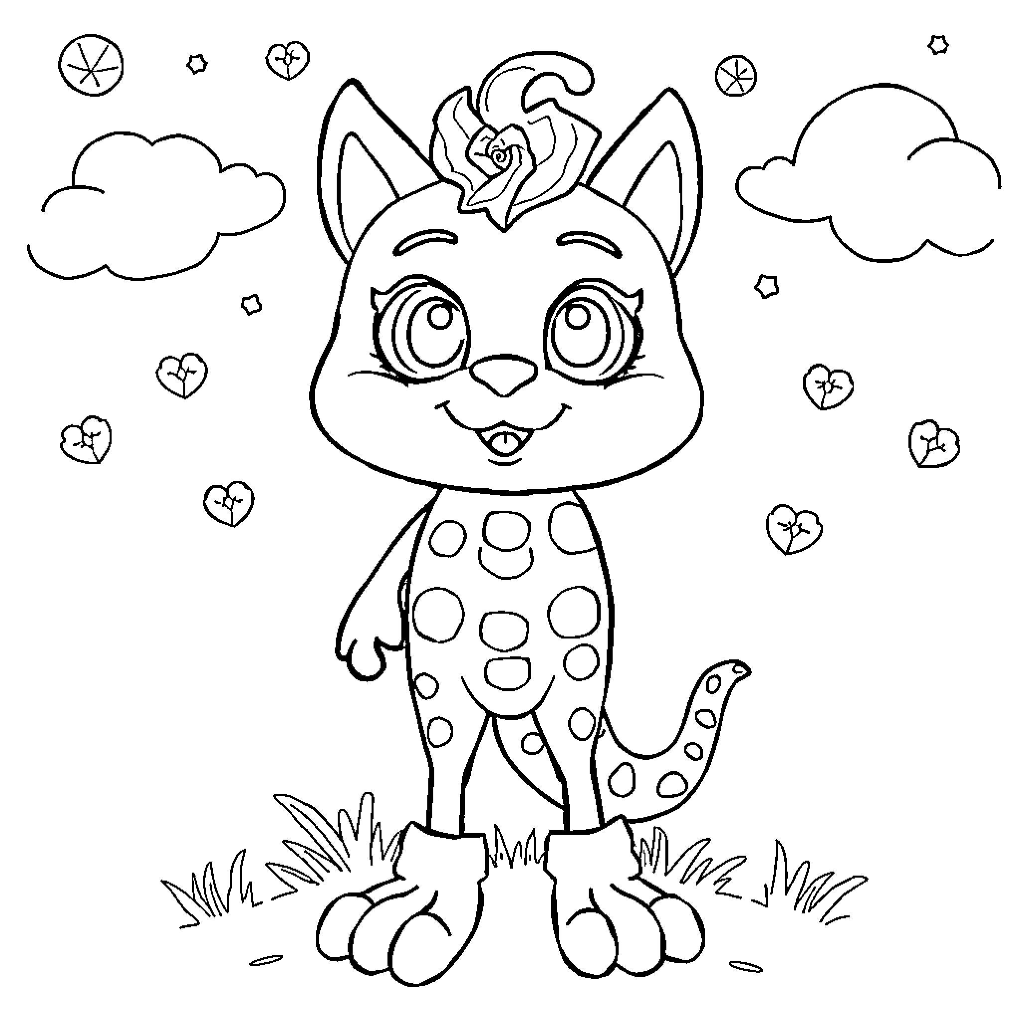 Kids' Adorable Cartoon Cat with Floral Crown Coloring Page (free black-and-white line drawing printable PDF for all, from beginners to advanced learners, including children, teens, adults, and seniors)