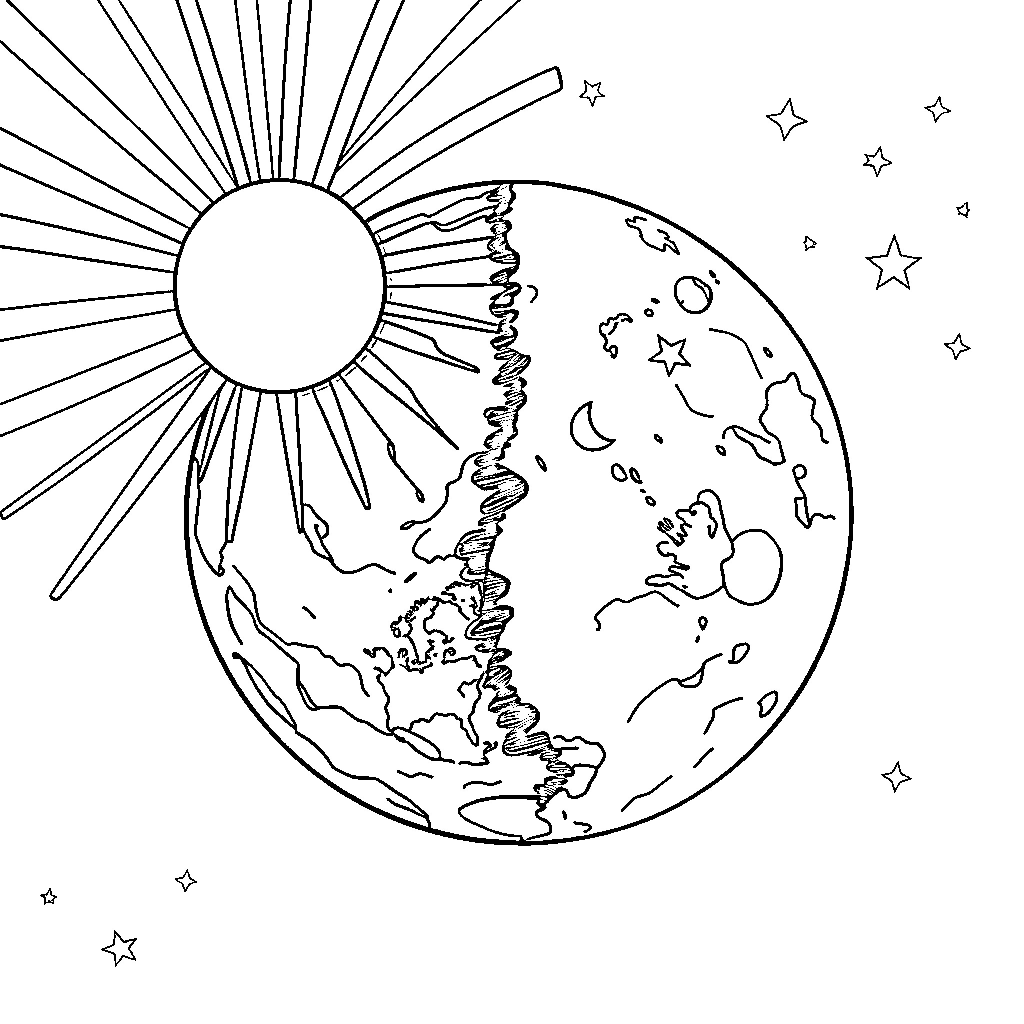 Sun and Moon Coexisting in the Sky Coloring Page (free black-and-white line drawing printable PDF for all, from beginners to advanced learners, including children, teens, adults, and seniors)