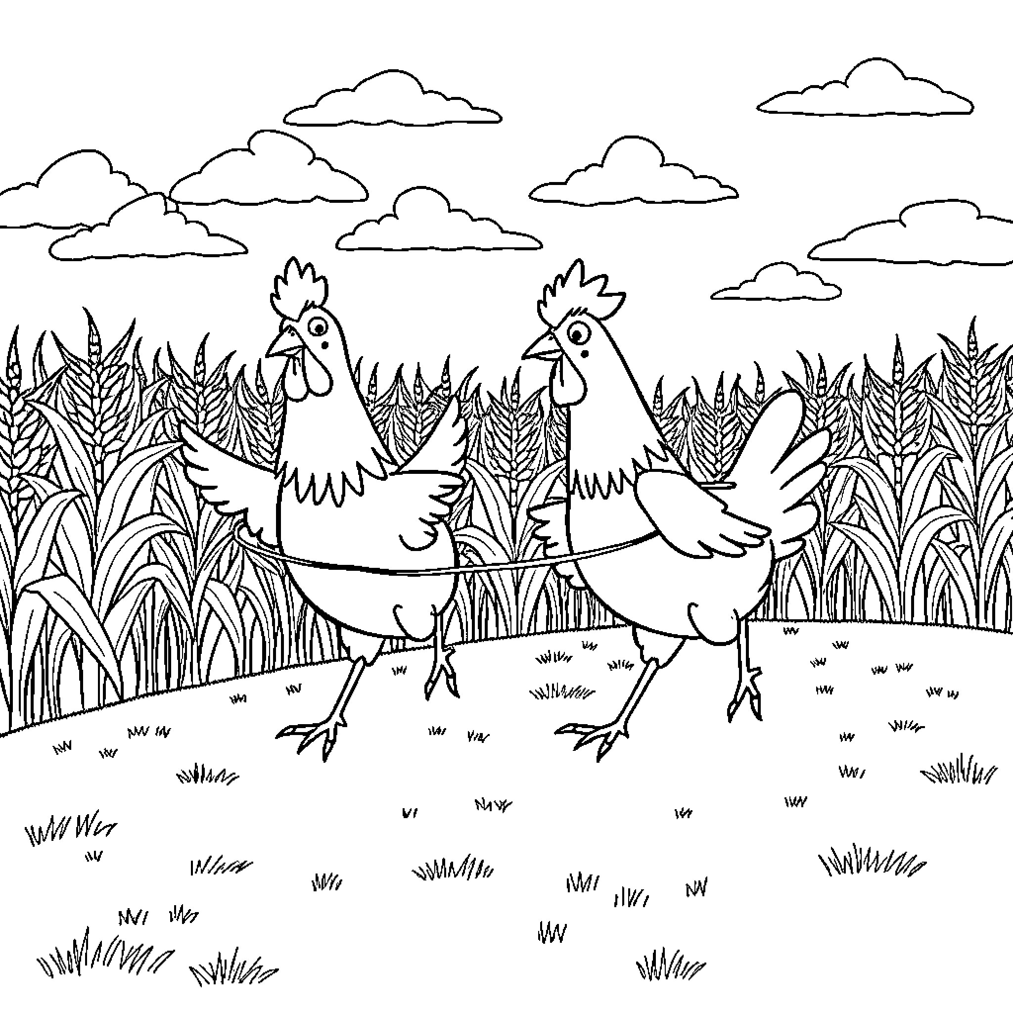 Chicken couple exploring grassy field Coloring Page (free black-and-white line drawing printable PDF for all, from beginners to advanced learners, including children, teens, adults, and seniors)