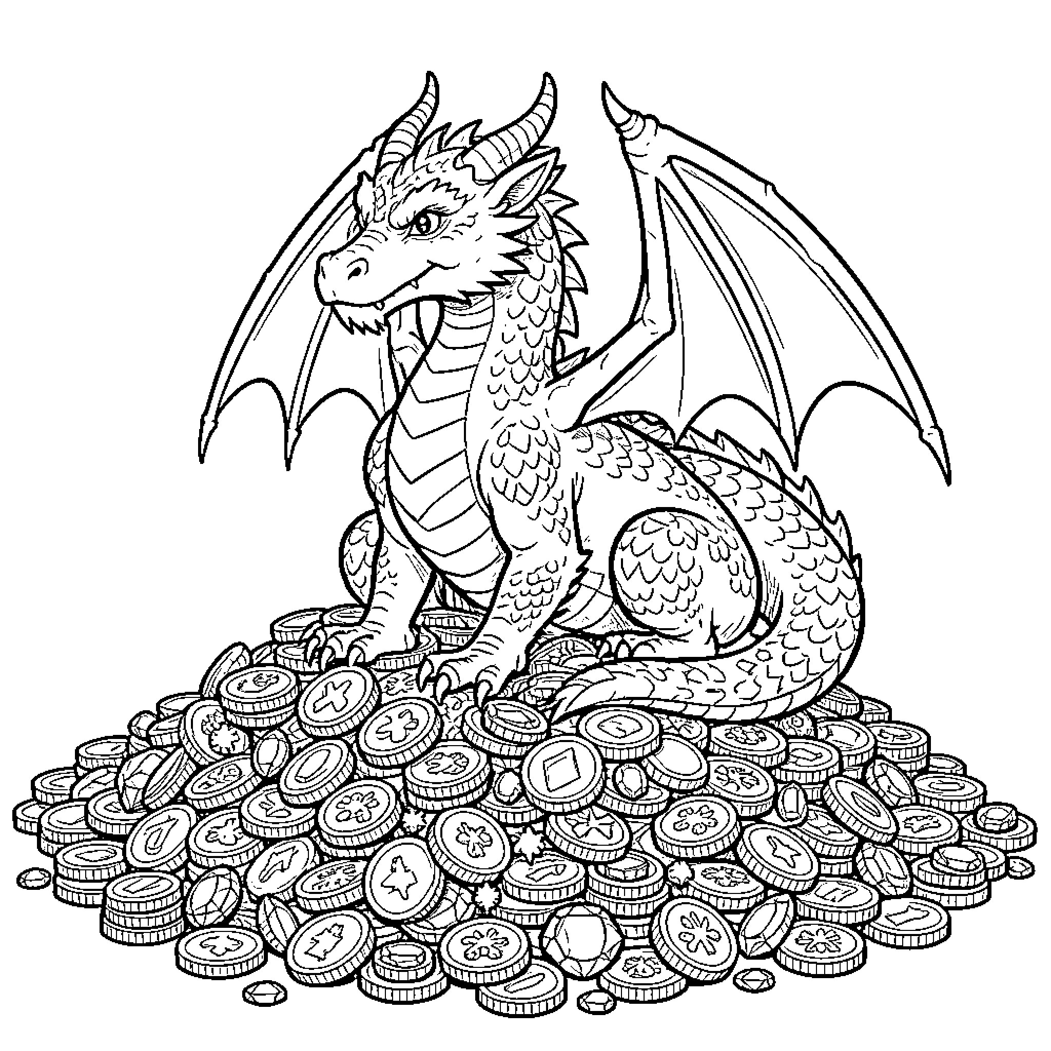 Dragon sitting atop a massive pile of coins Coloring Page (free black-and-white line drawing printable PDF for all, from beginners to advanced learners, including children, teens, adults, and seniors)