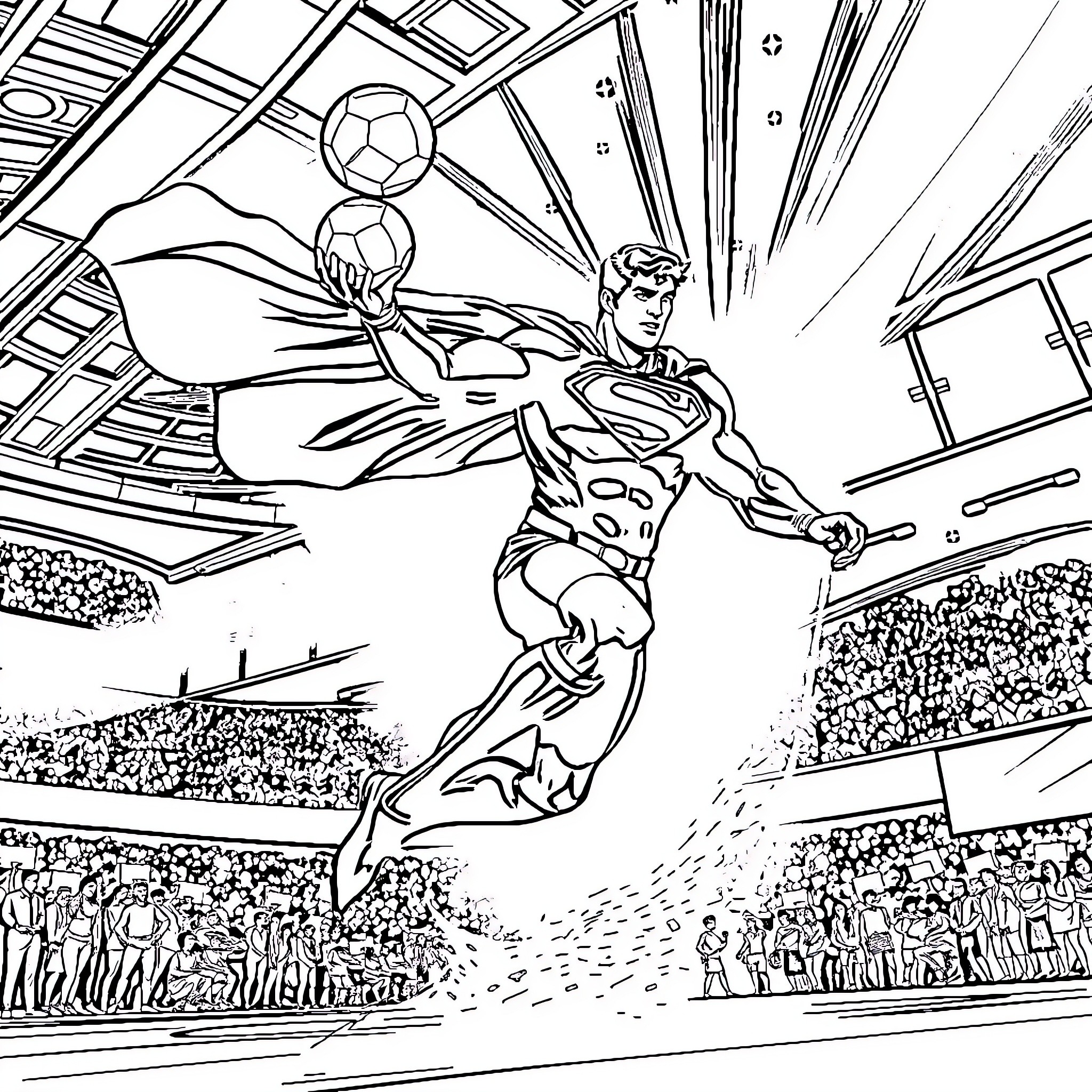 Superman soaring with a soccer ball in a stadium Coloring Page (free black-and-white line drawing printable PDF for all, from beginners to advanced learners, including children, teens, adults, and seniors)