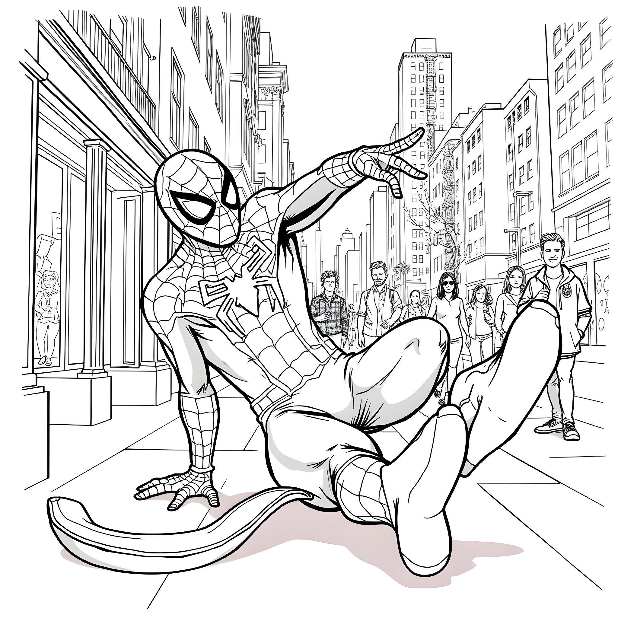 Spiderman swinging through the city streets Coloring Page (free black-and-white line drawing printable PDF for all, from beginners to advanced learners, including children, teens, adults, and seniors)