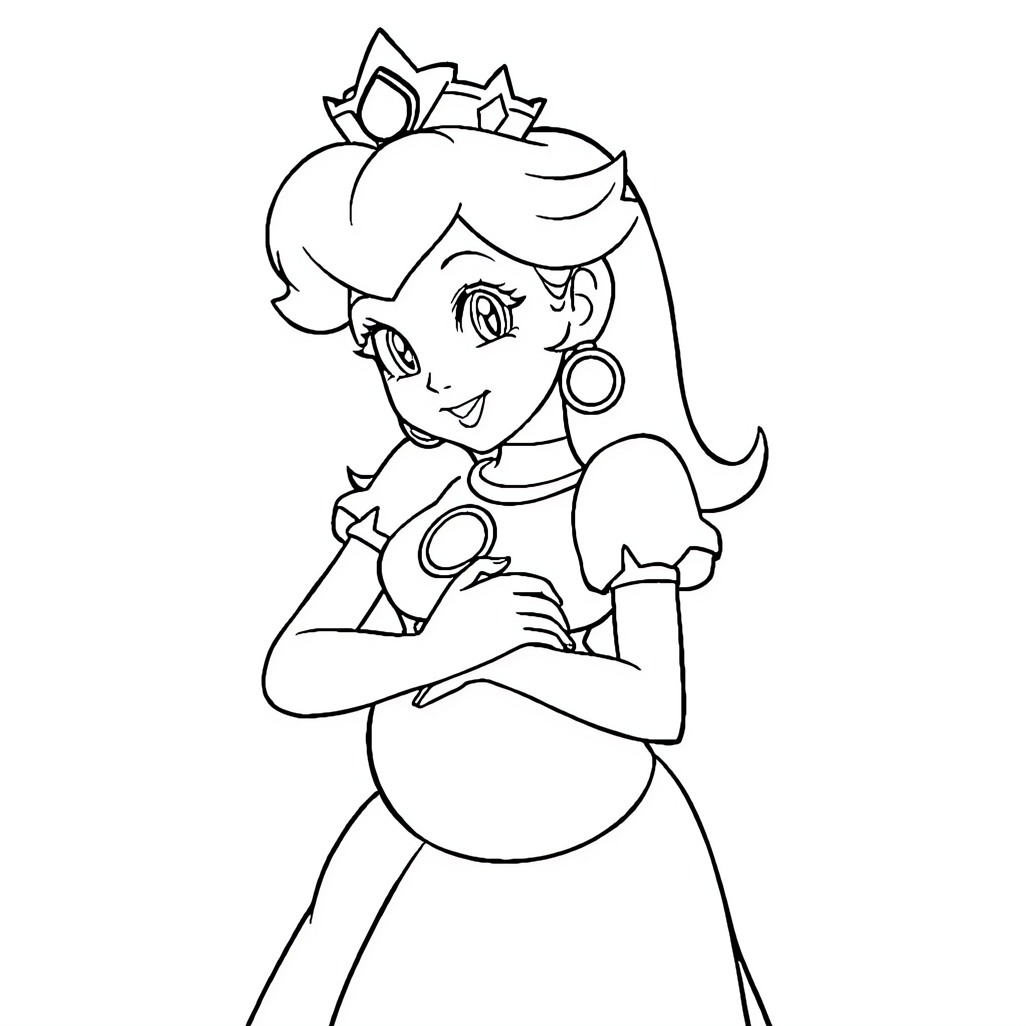 Princess Peach in a happy and confident pose Coloring Page (free black-and-white line drawing printable PDF for all, from beginners to advanced learners, including children, teens, adults, and seniors)
