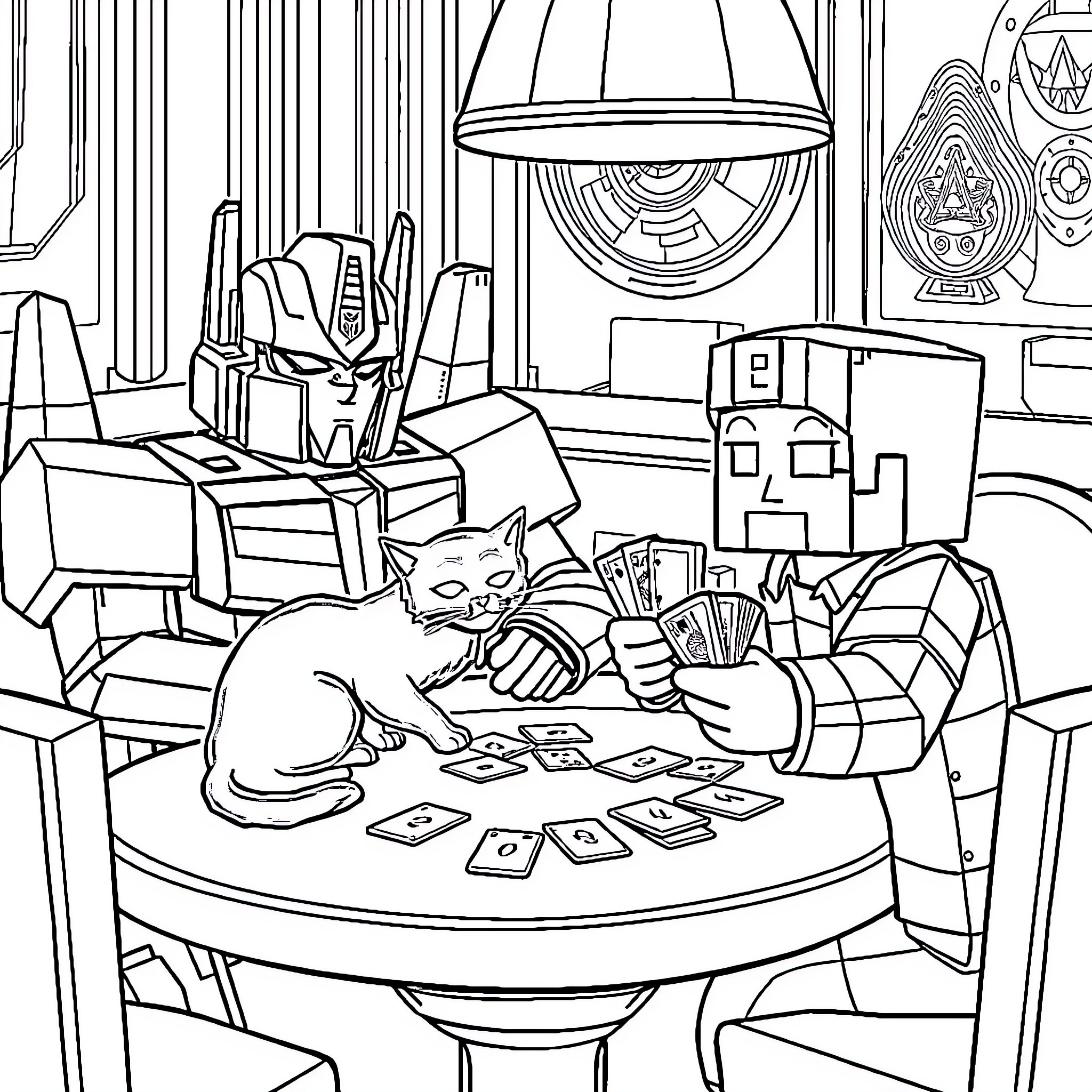 Optimus Prime Enjoying a Game Night Coloring Page (free black-and-white line drawing printable PDF for all, from beginners to advanced learners, including children, teens, adults, and seniors)