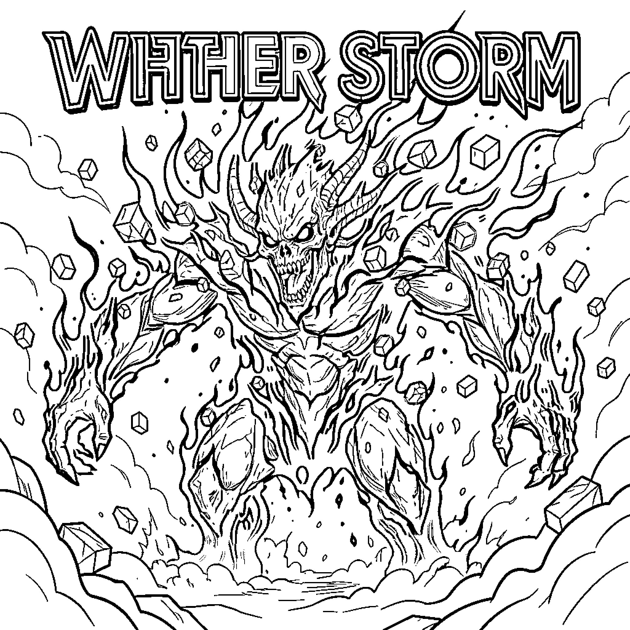 Wither Storm: Monstrous Entity Emerging from Chaotic Vortex Coloring Page (free black-and-white line drawing printable PDF for all, from beginners to advanced learners, including children, teens, adults, and seniors)