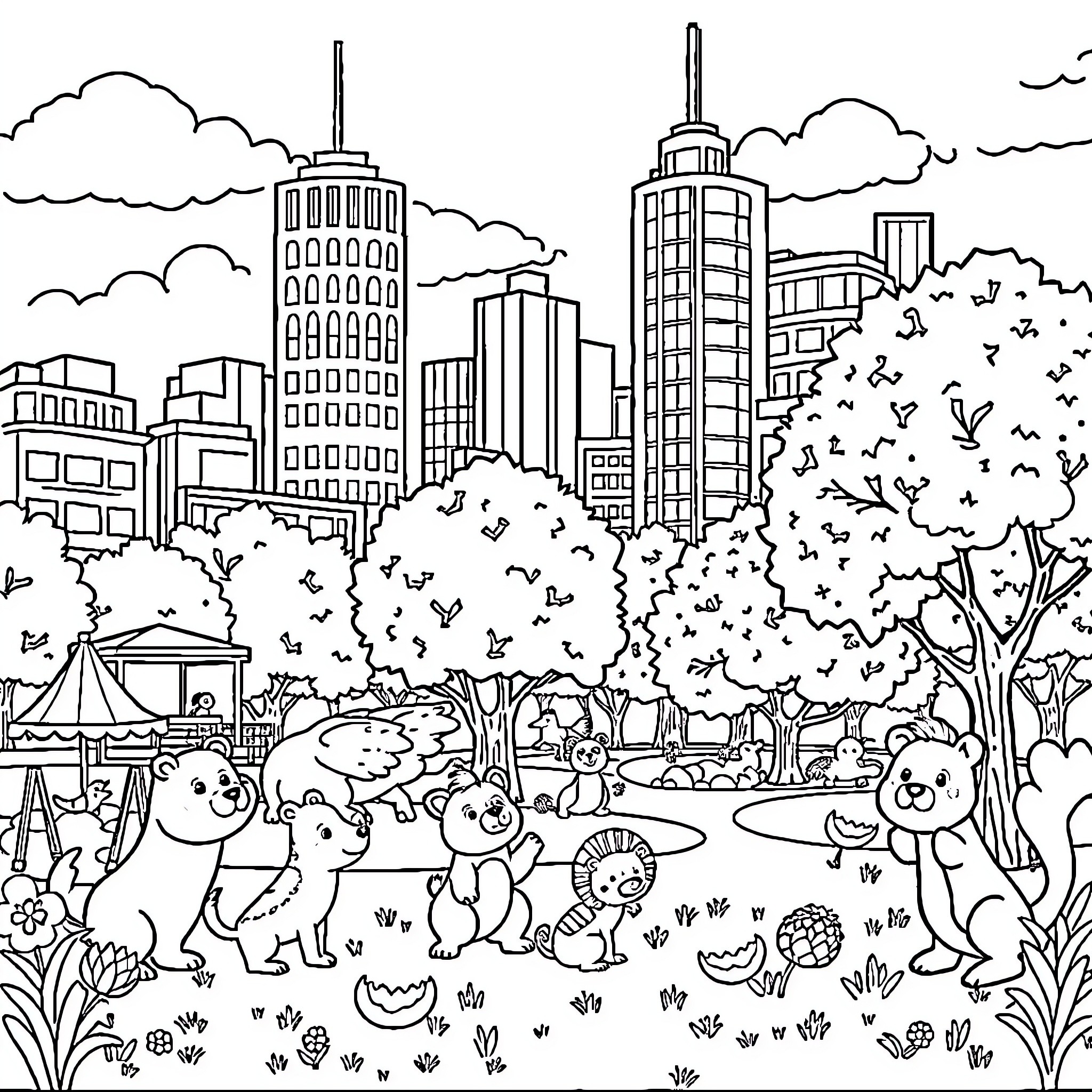 Animal playing in the city park Coloring Page (free black-and-white line drawing printable PDF for all, from beginners to advanced learners, including children, teens, adults, and seniors)